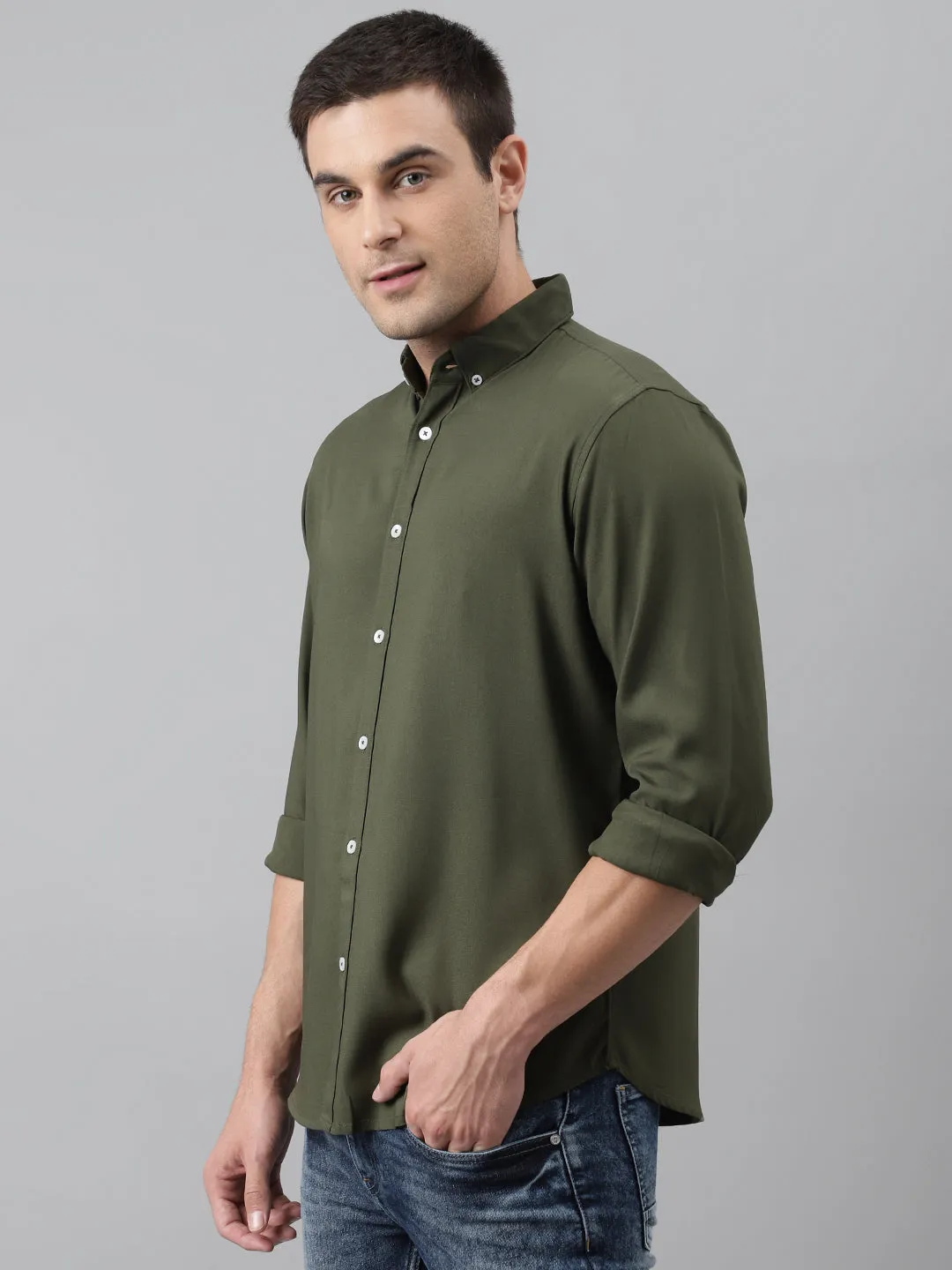 Men's Solid Olive Slim Fit Cotton Casual Shirt