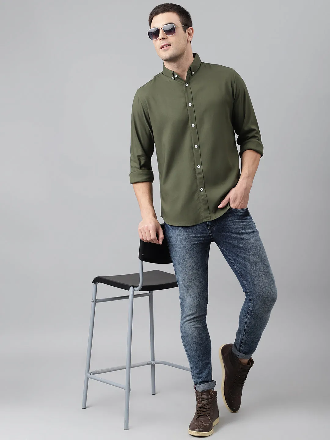 Men's Solid Olive Slim Fit Cotton Casual Shirt