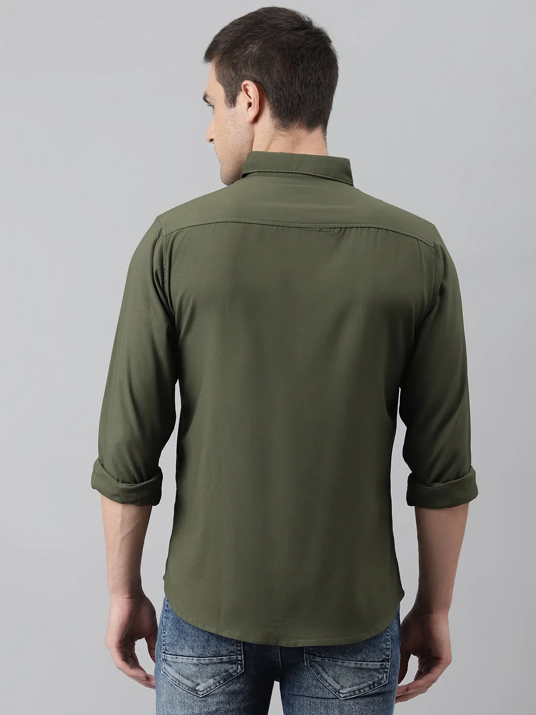 Men's Solid Olive Slim Fit Cotton Casual Shirt