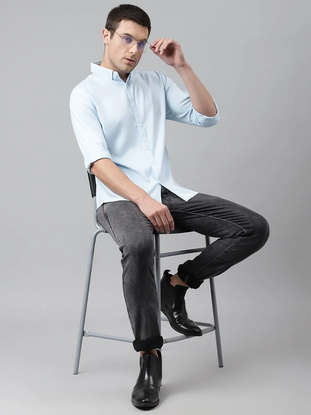 Men's Solid Skyblue Slim Fit Cotton Casual Shirt