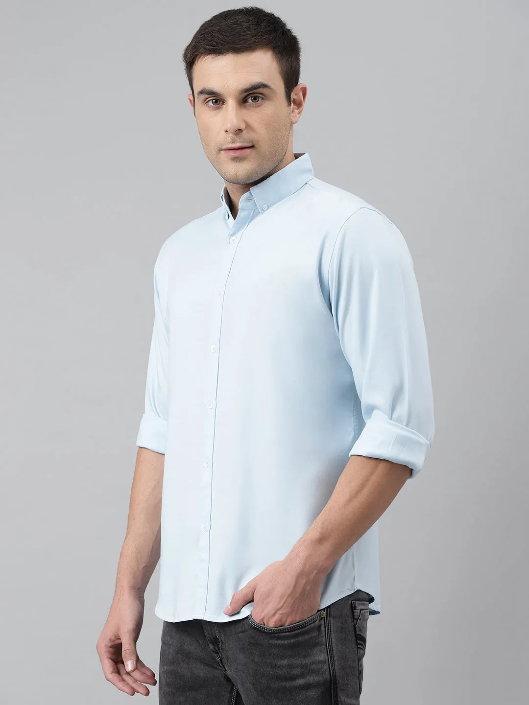 Men's Solid Skyblue Slim Fit Cotton Casual Shirt