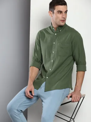 Men's Solid Slim Fit Cotton Linen Casual Shirt With Button-Down Collar & Full Sleeves