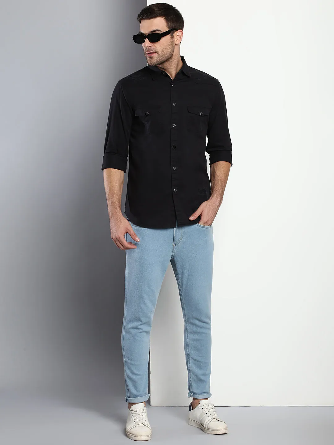 Men's Solid Slim Fit Spread Collar Cotton Casual Shirt Black