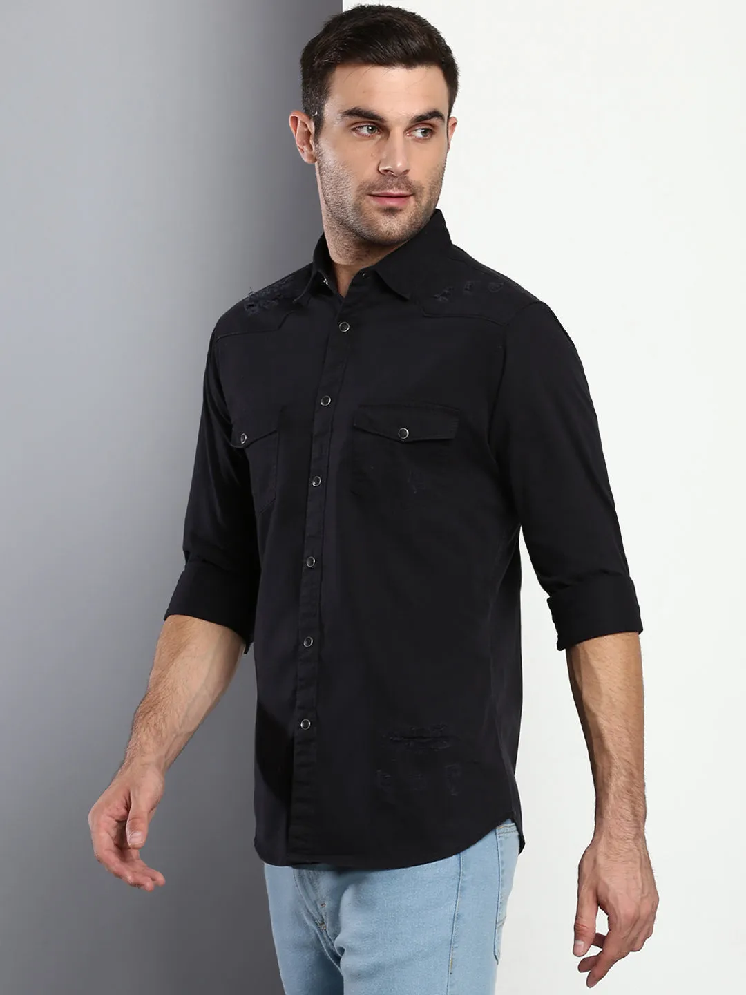 Men's Solid Slim Fit Spread Collar Cotton Casual Shirt Black