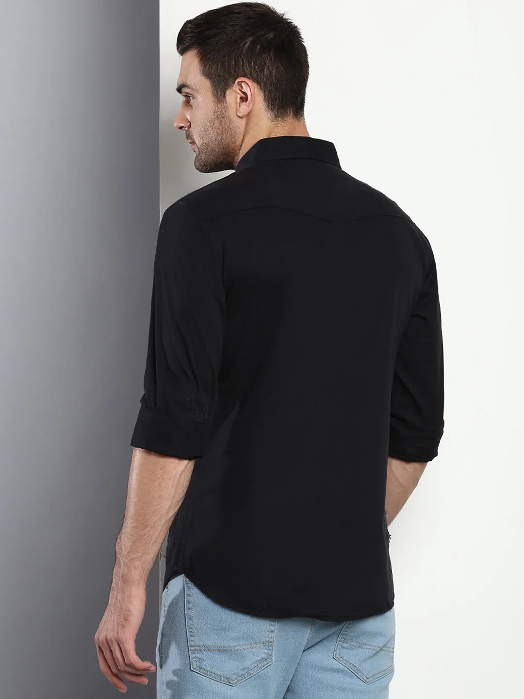 Men's Solid Slim Fit Spread Collar Cotton Casual Shirt Black