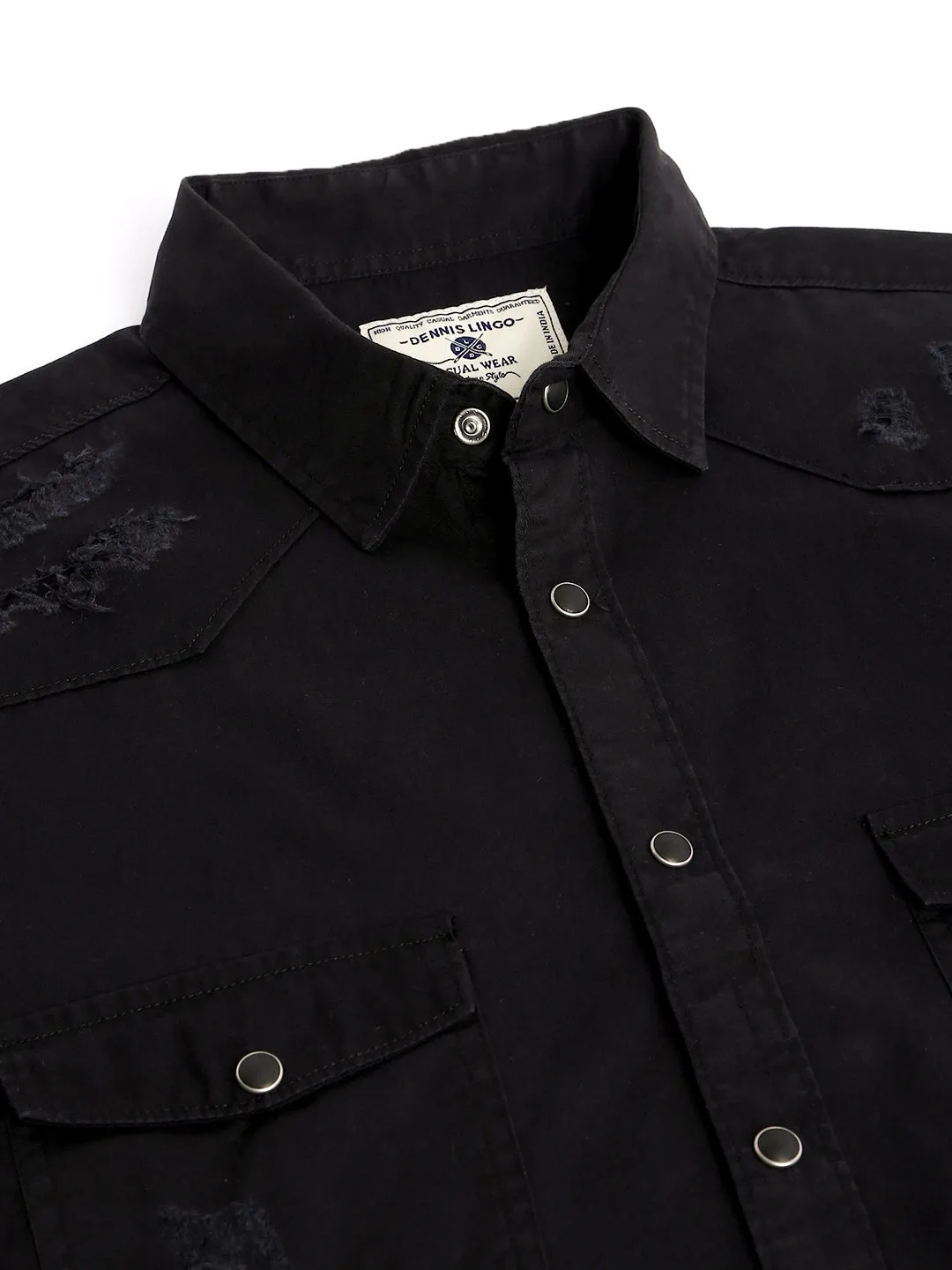 Men's Solid Slim Fit Spread Collar Cotton Casual Shirt Black