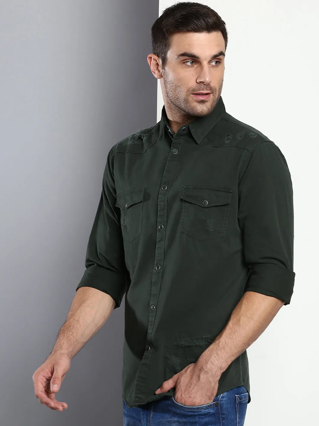 Men's Solid Slim Fit Spread Collar Cotton Casual Shirt Bottlegreen
