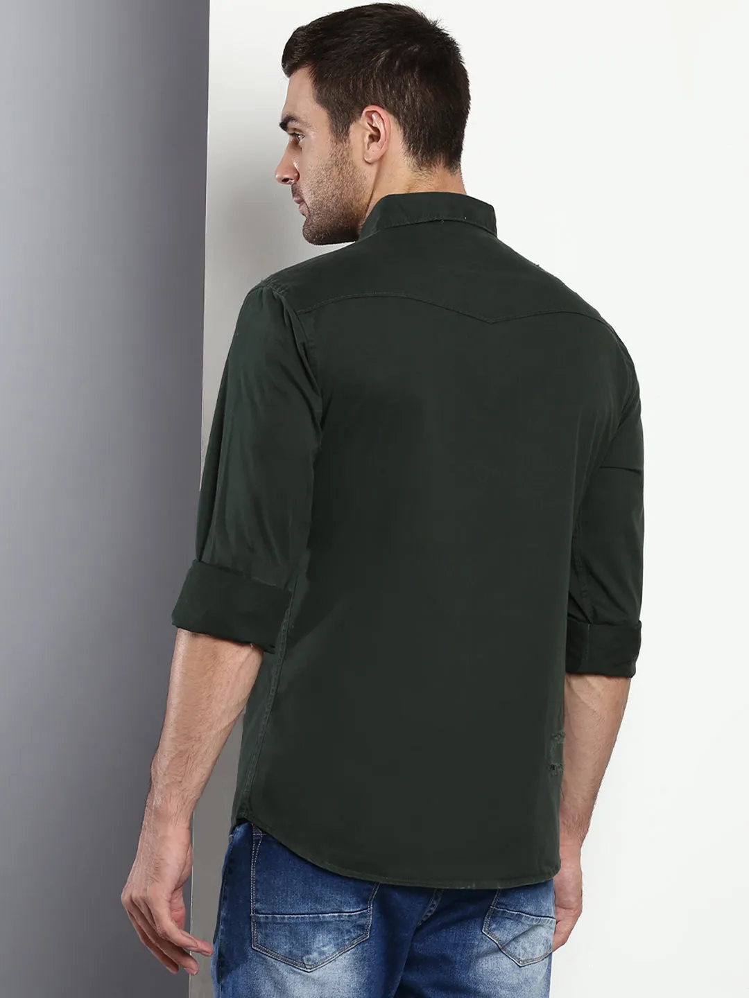 Men's Solid Slim Fit Spread Collar Cotton Casual Shirt Bottlegreen