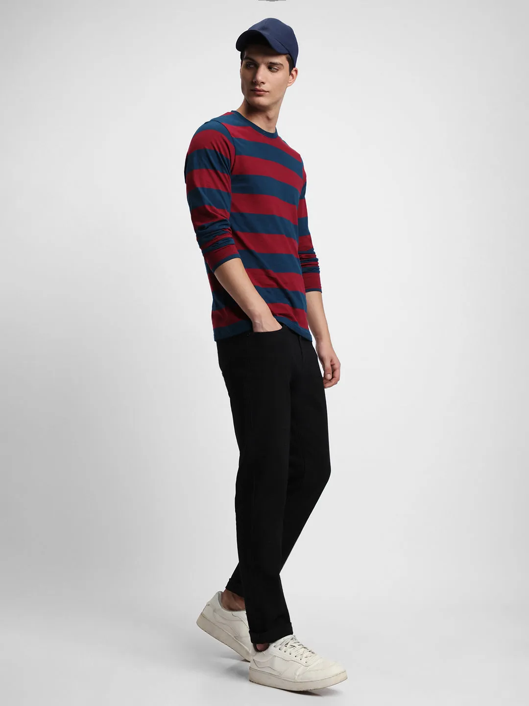Men's Striped Crew Neck Pure Cotton Maroon T-Shirt