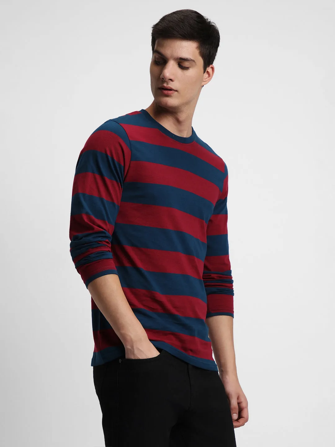 Men's Striped Crew Neck Pure Cotton Maroon T-Shirt