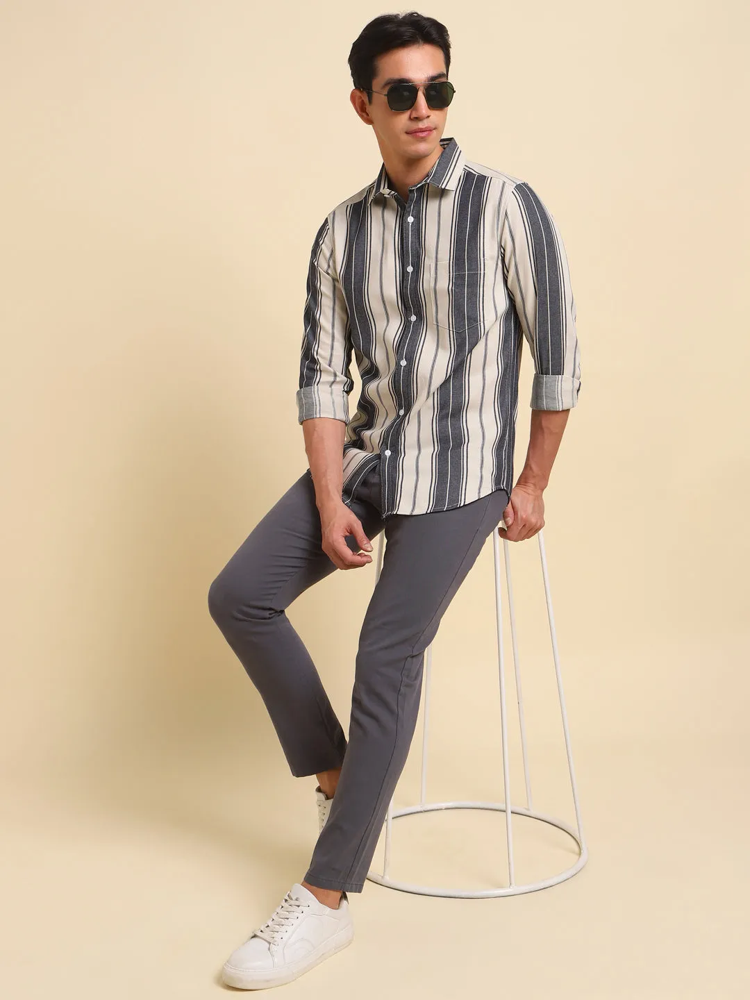 Men's Vertical Striped Pure Cotton Slim Fit Casual Shirt