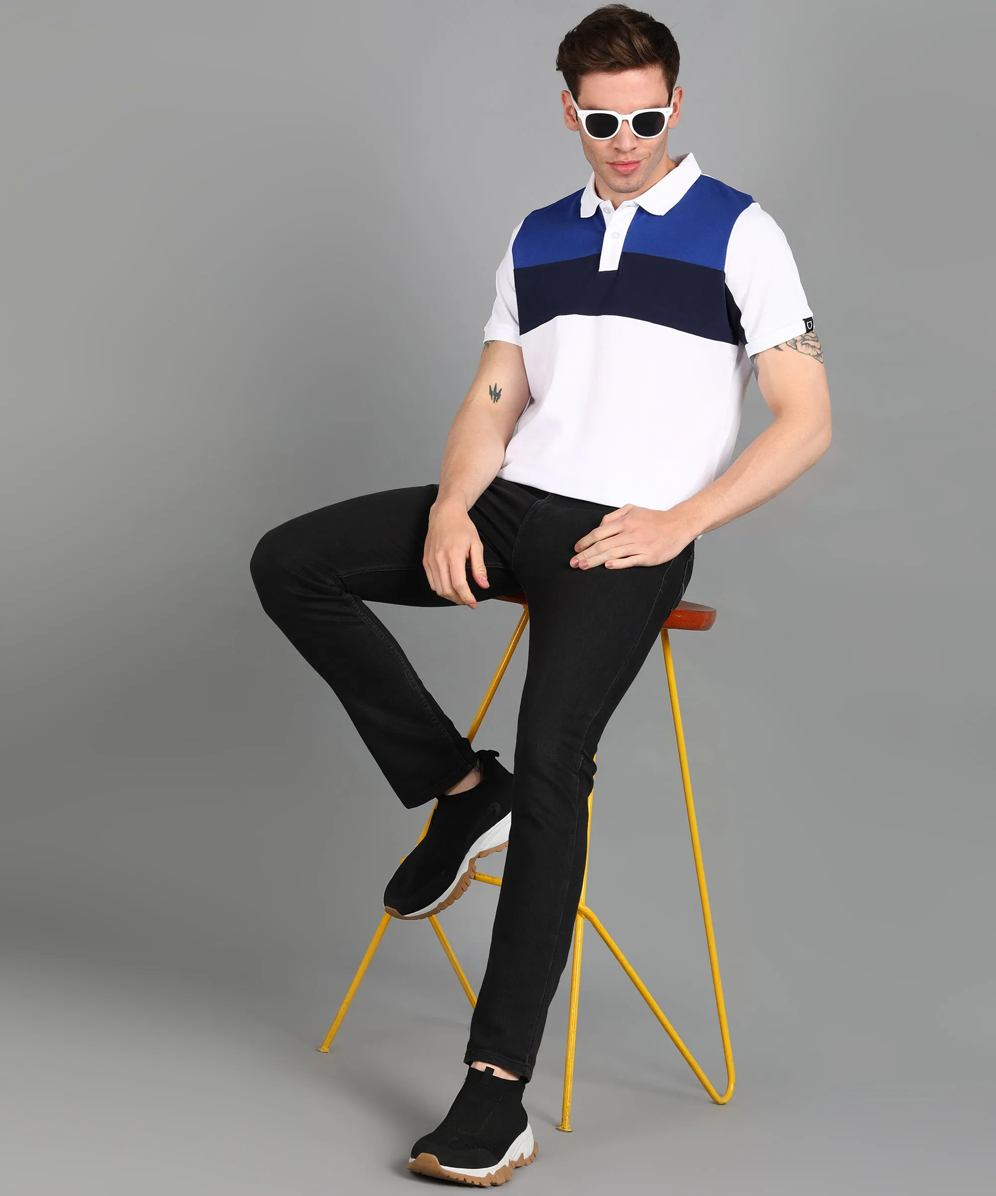 Men's White, Dark Blue, Royal Blue Colour-Block Slim Fit Half Sleeve Cotton Polo T-Shirt