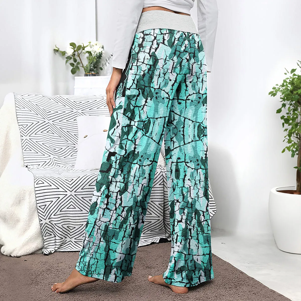 MintCream Skull Women's High-waisted Wide Leg Pants
