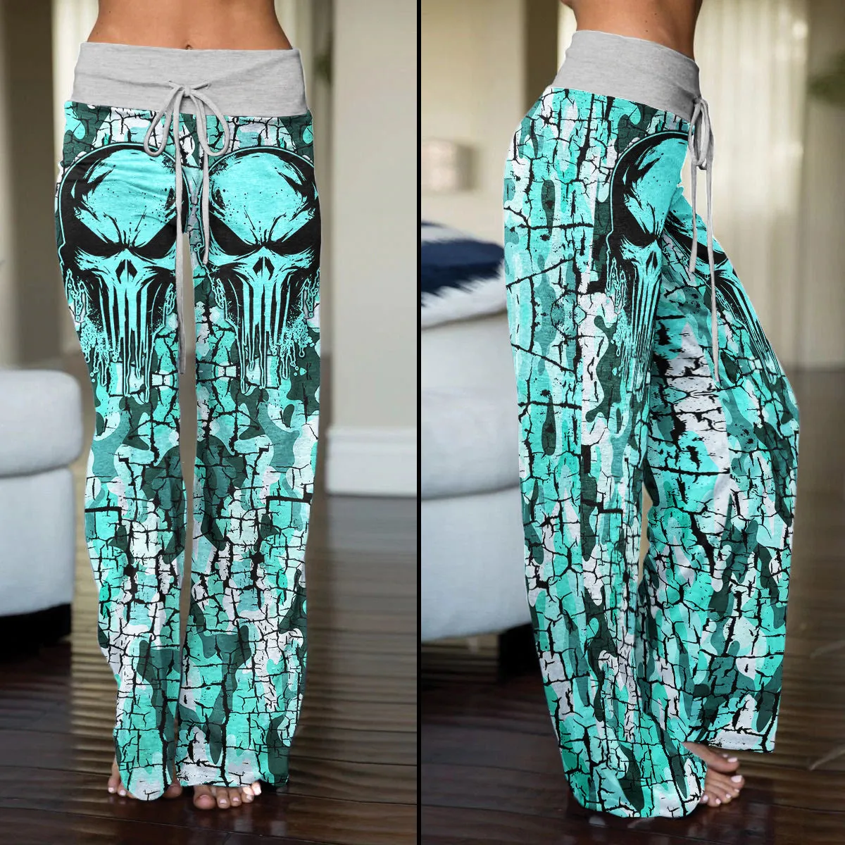 MintCream Skull Women's High-waisted Wide Leg Pants