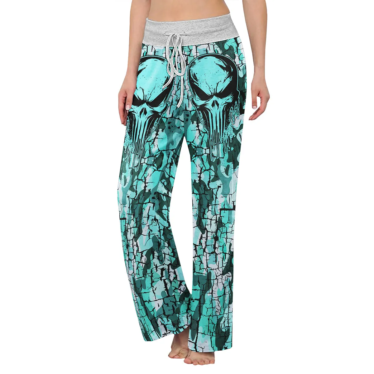 MintCream Skull Women's High-waisted Wide Leg Pants