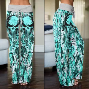 MintCream Skull Women's High-waisted Wide Leg Pants