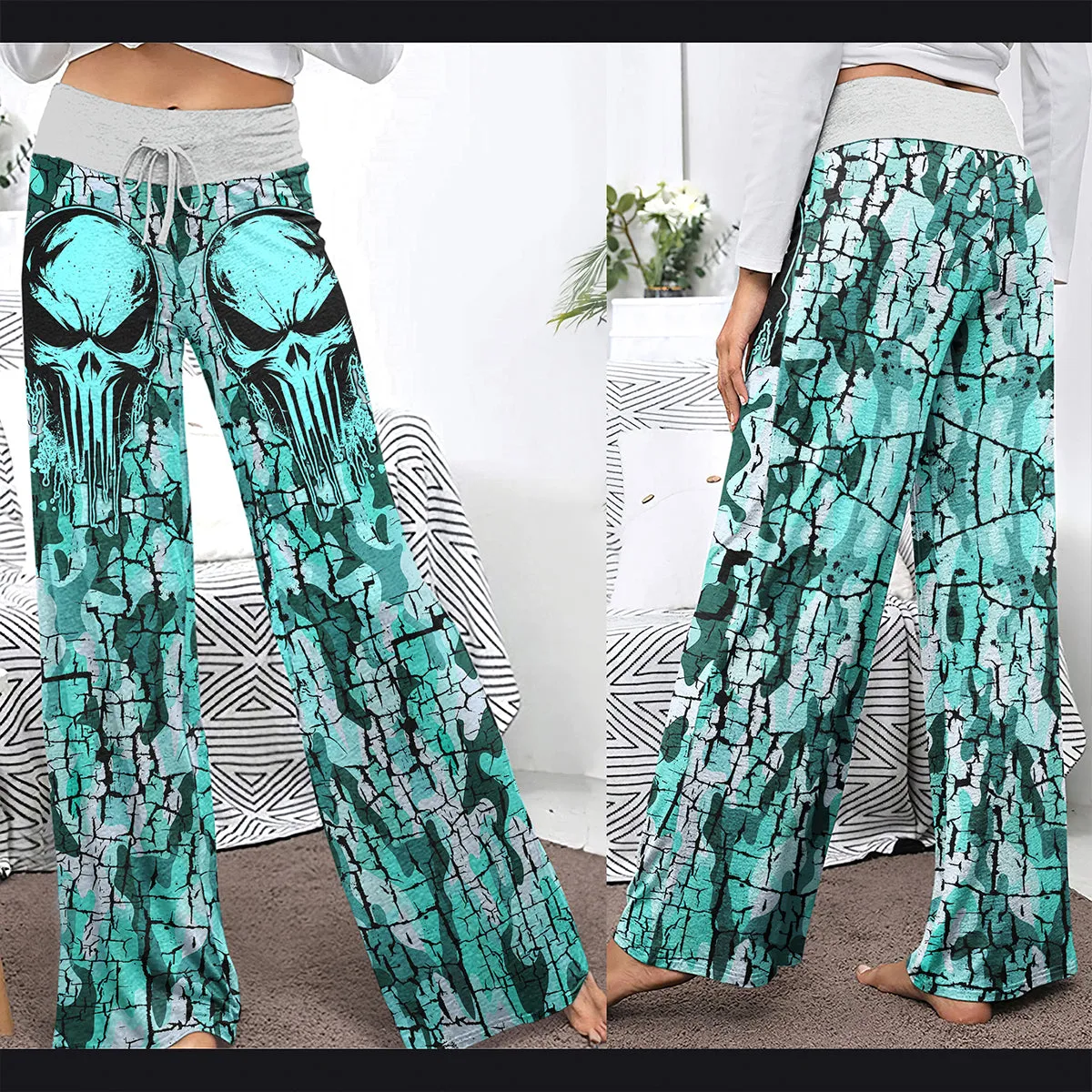 MintCream Skull Women's High-waisted Wide Leg Pants