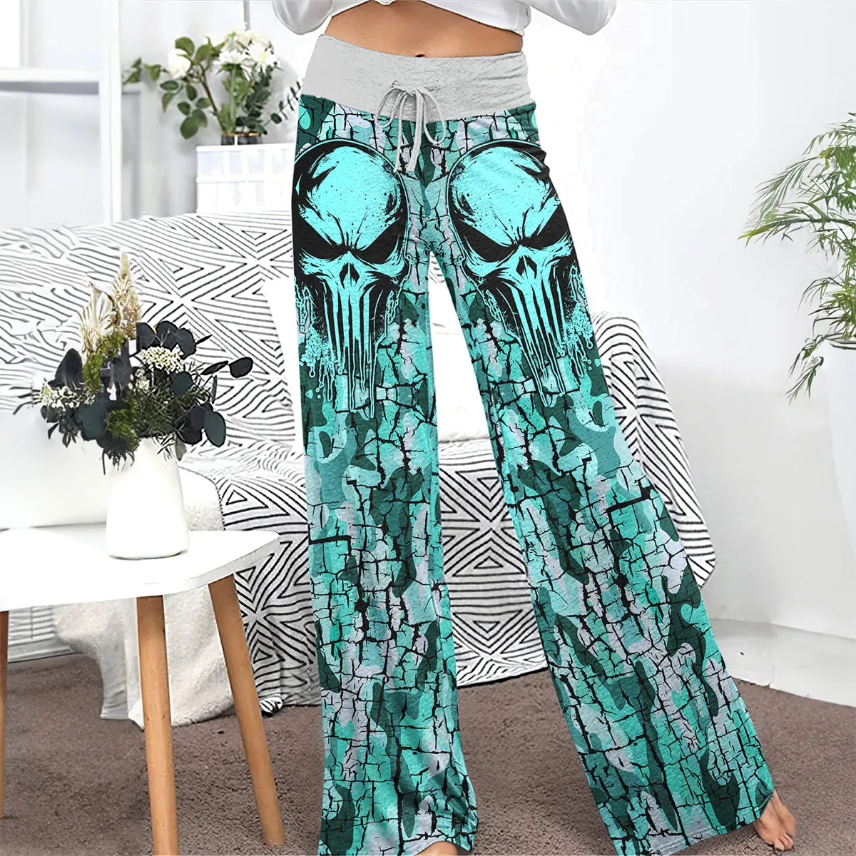 MintCream Skull Women's High-waisted Wide Leg Pants