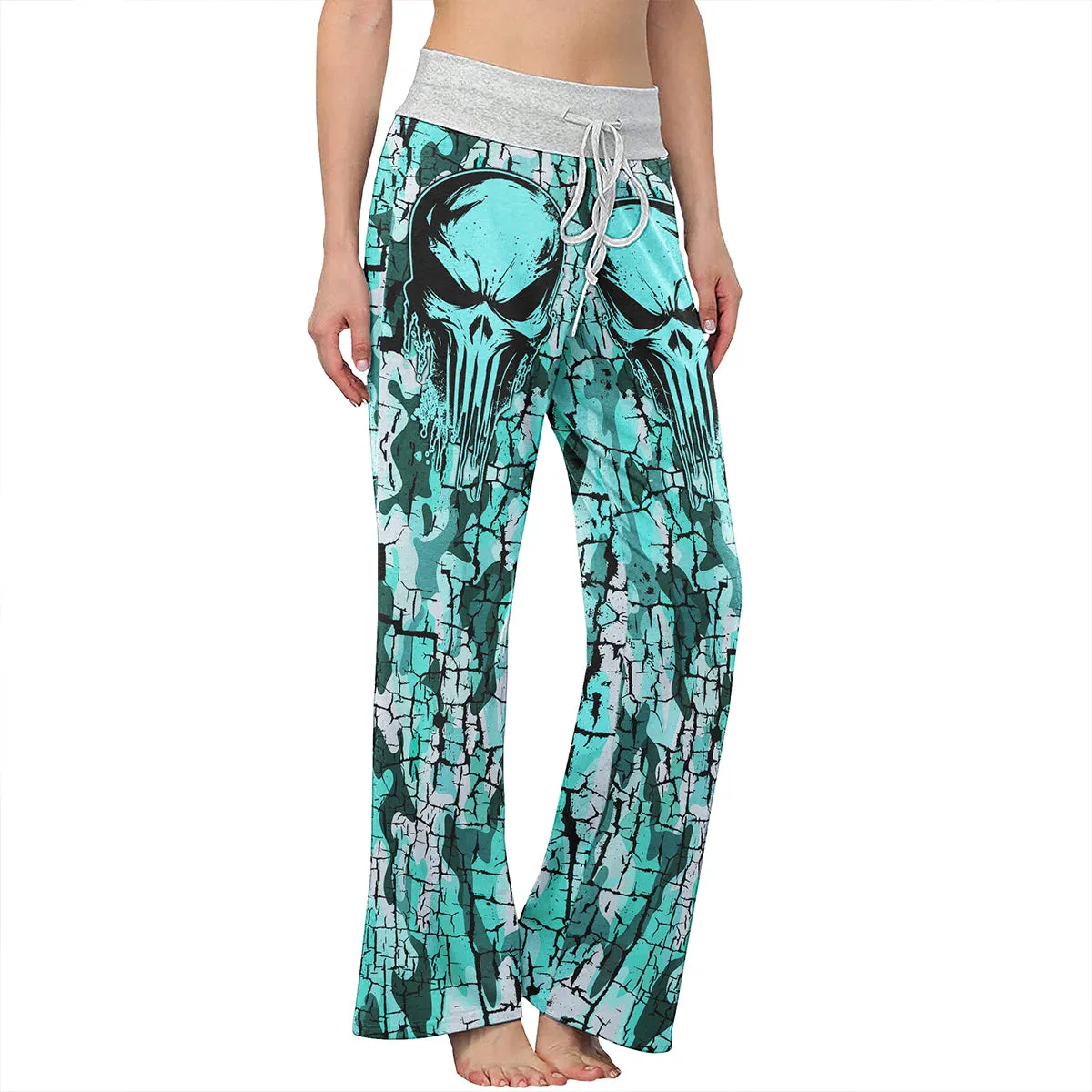 MintCream Skull Women's High-waisted Wide Leg Pants