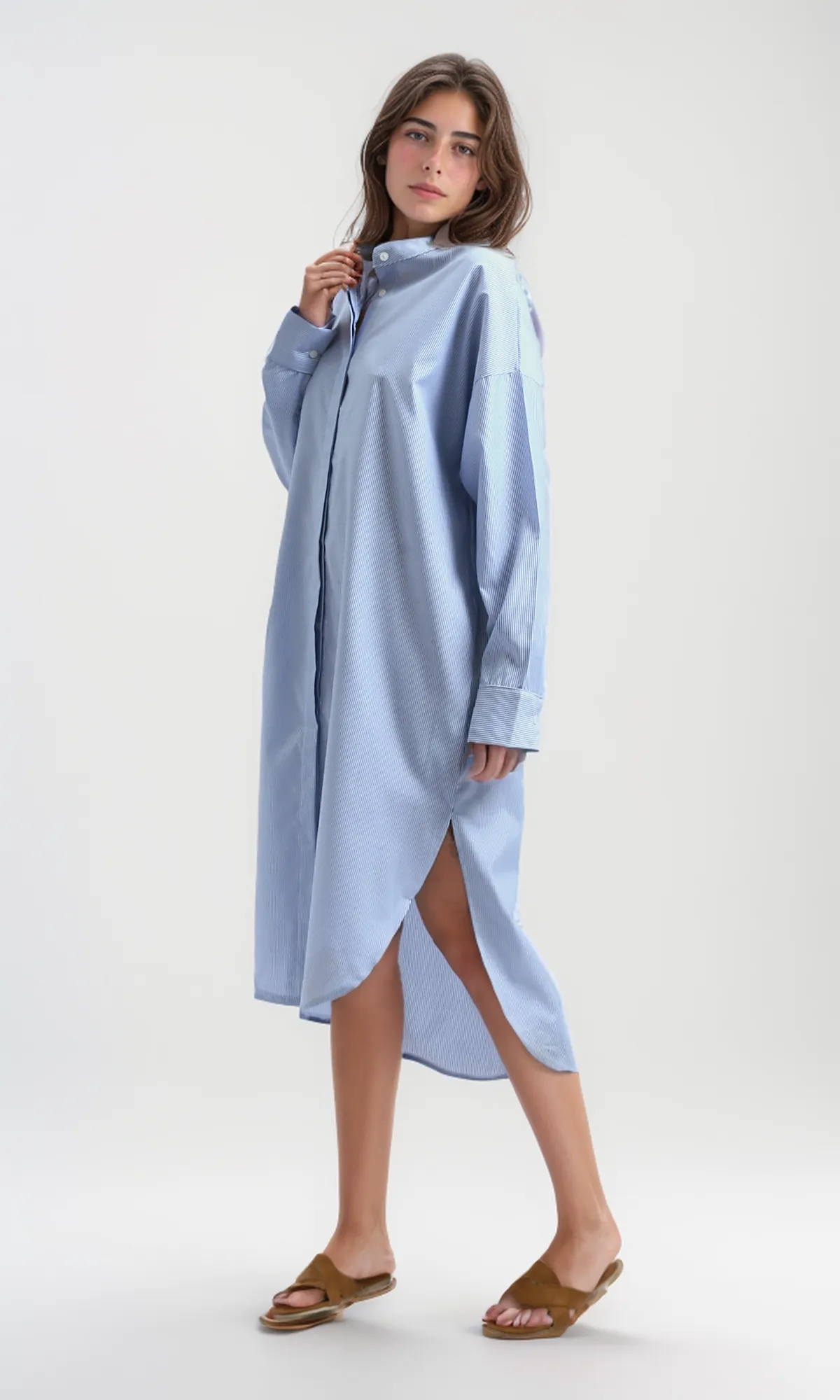 O179189 Casual Striped Blue Textured Summer Shirt Dress With Band Neck