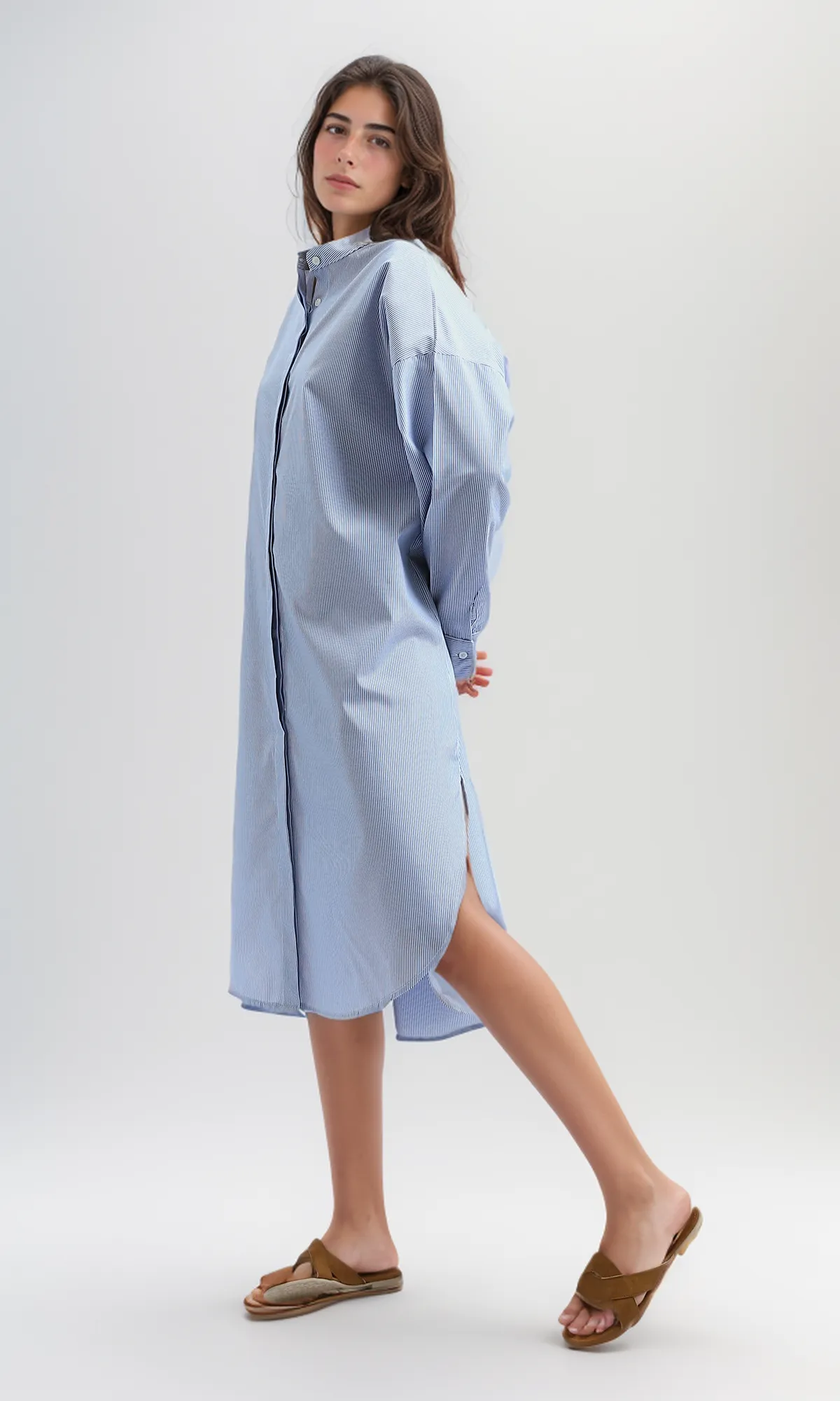 O179189 Casual Striped Blue Textured Summer Shirt Dress With Band Neck