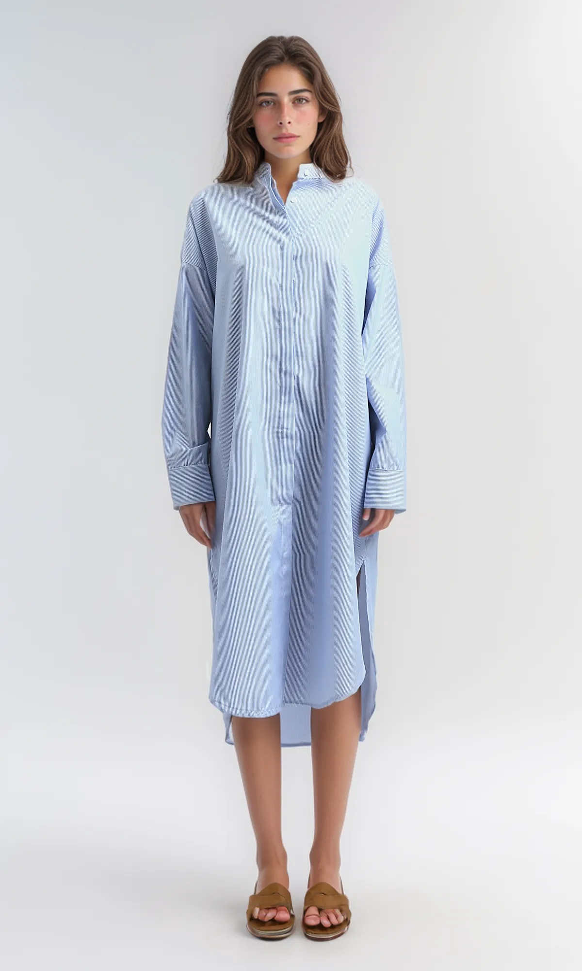O179189 Casual Striped Blue Textured Summer Shirt Dress With Band Neck