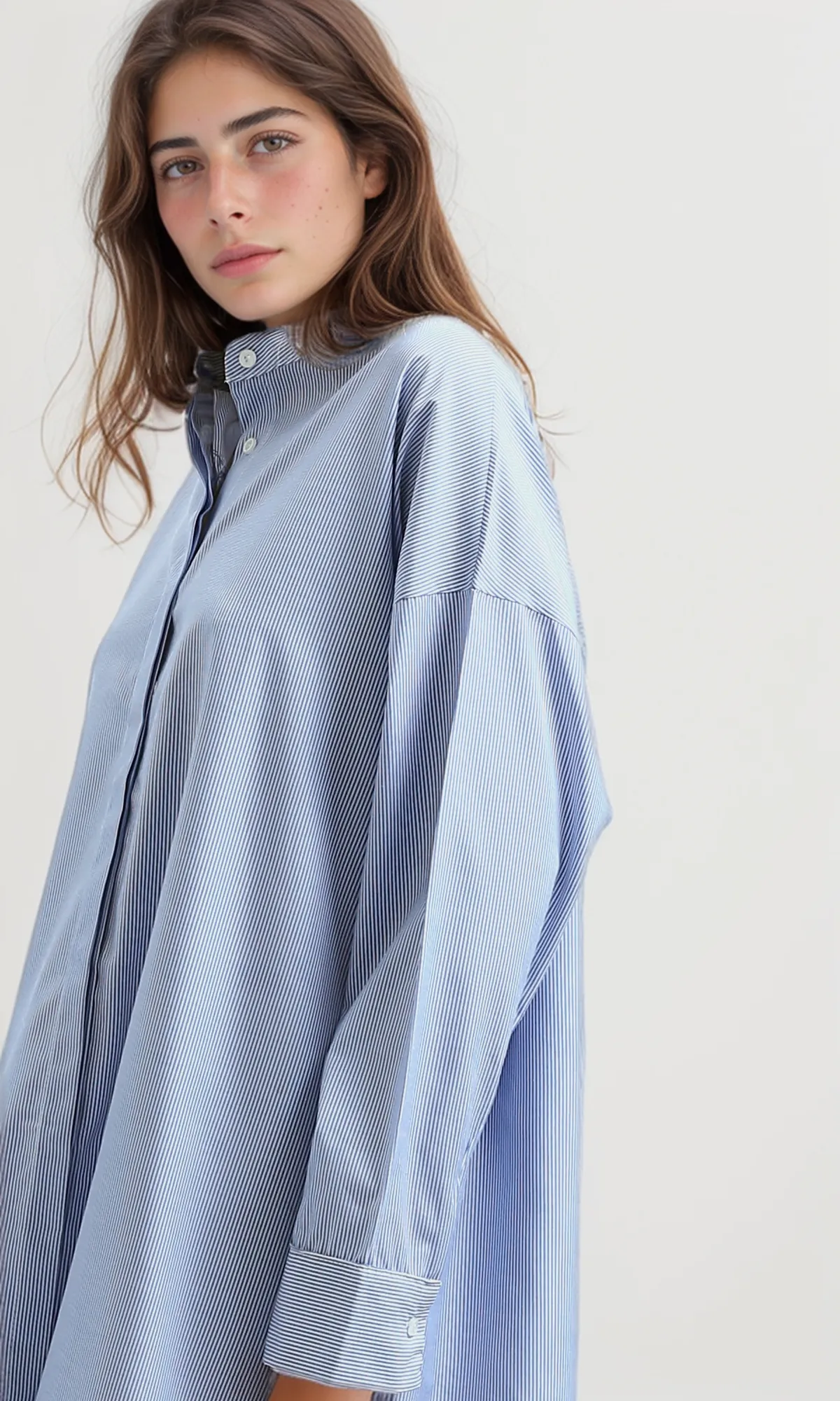 O179189 Casual Striped Blue Textured Summer Shirt Dress With Band Neck