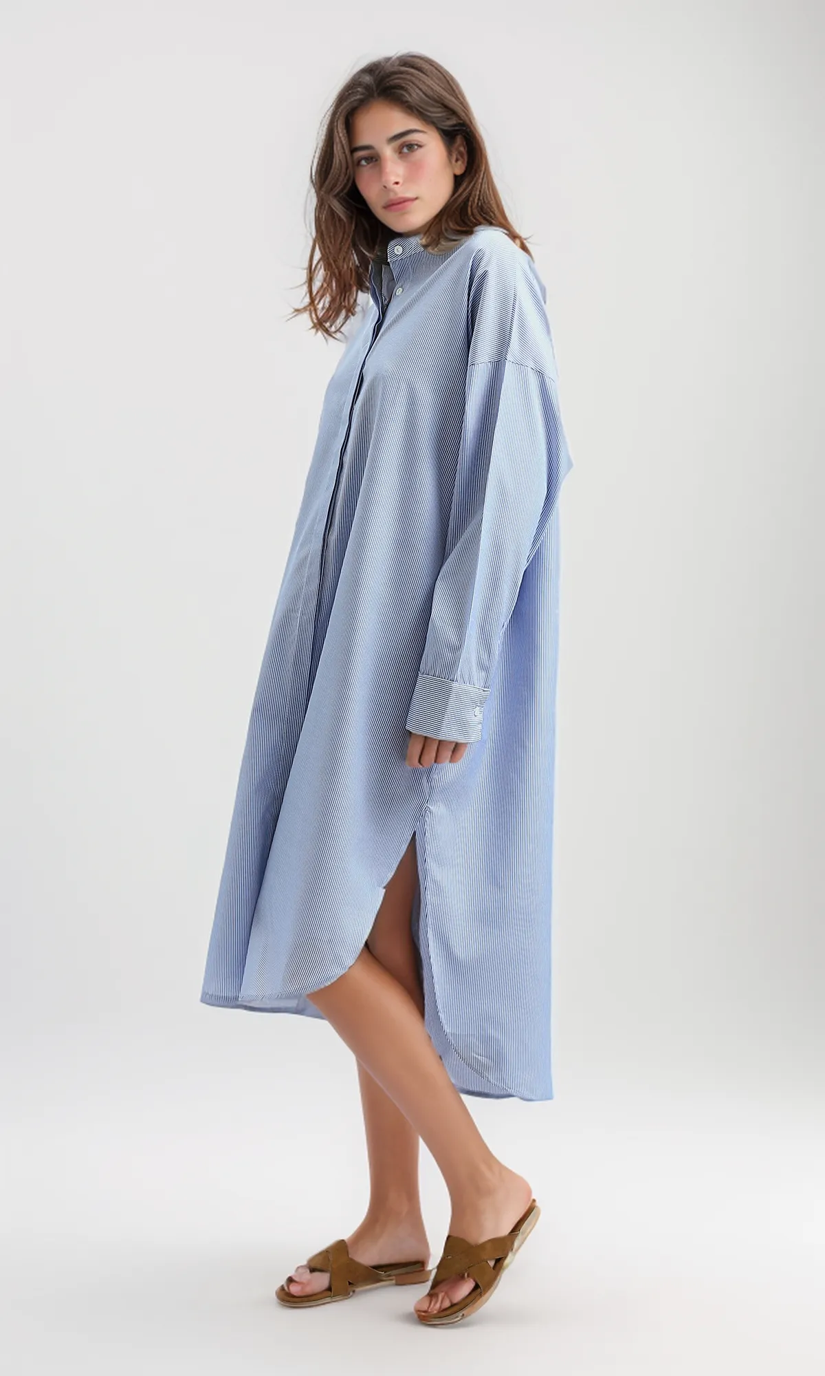 O179189 Casual Striped Blue Textured Summer Shirt Dress With Band Neck