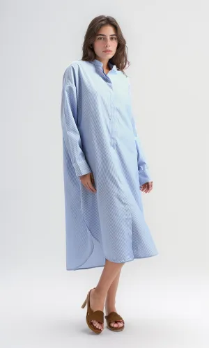 O179189 Casual Striped Blue Textured Summer Shirt Dress With Band Neck