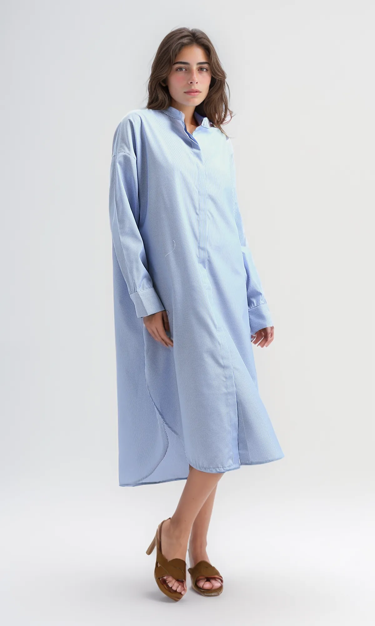 O179189 Casual Striped Blue Textured Summer Shirt Dress With Band Neck