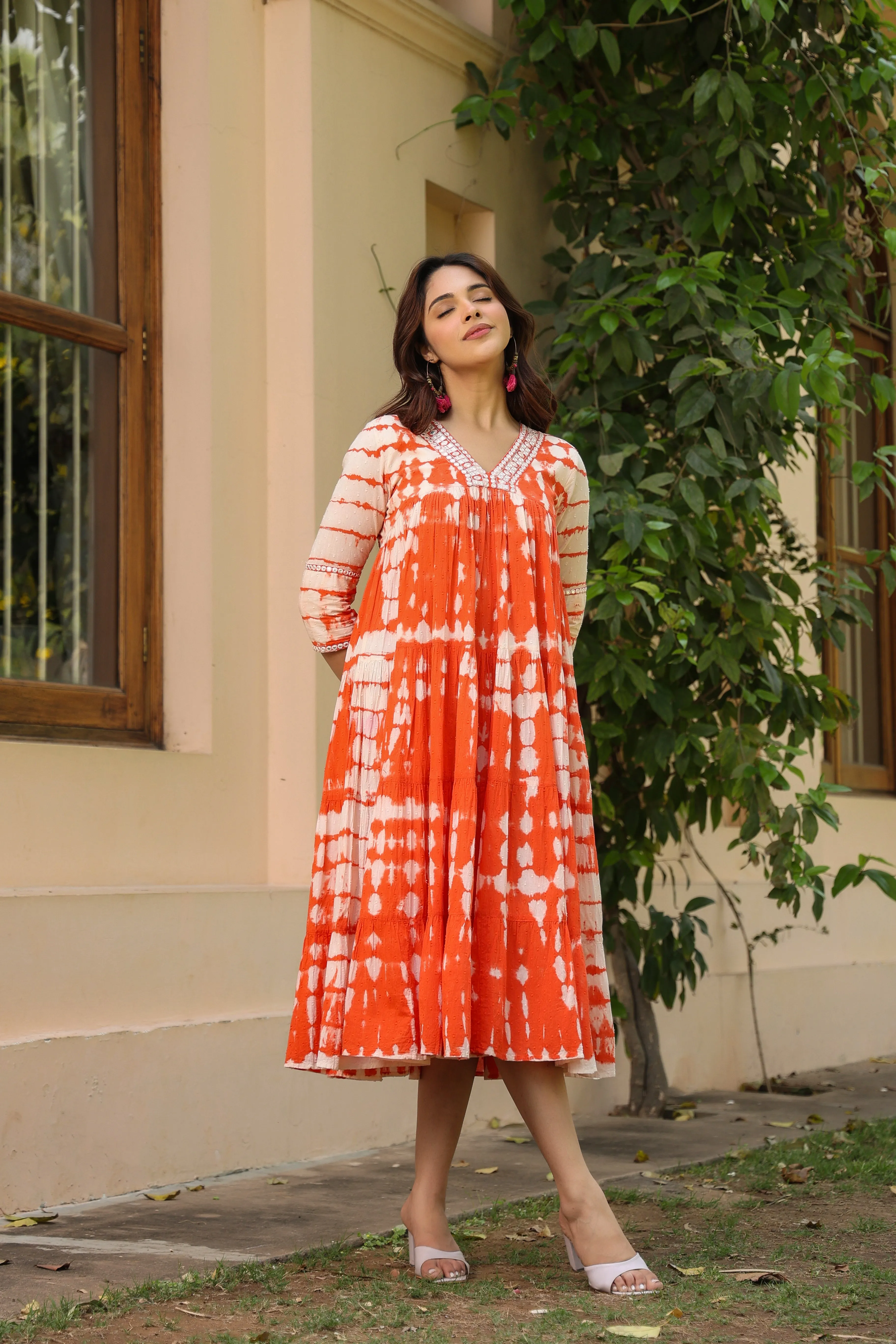 Orange Cotton Dobby Tie & Dye Tiered Designer Dress