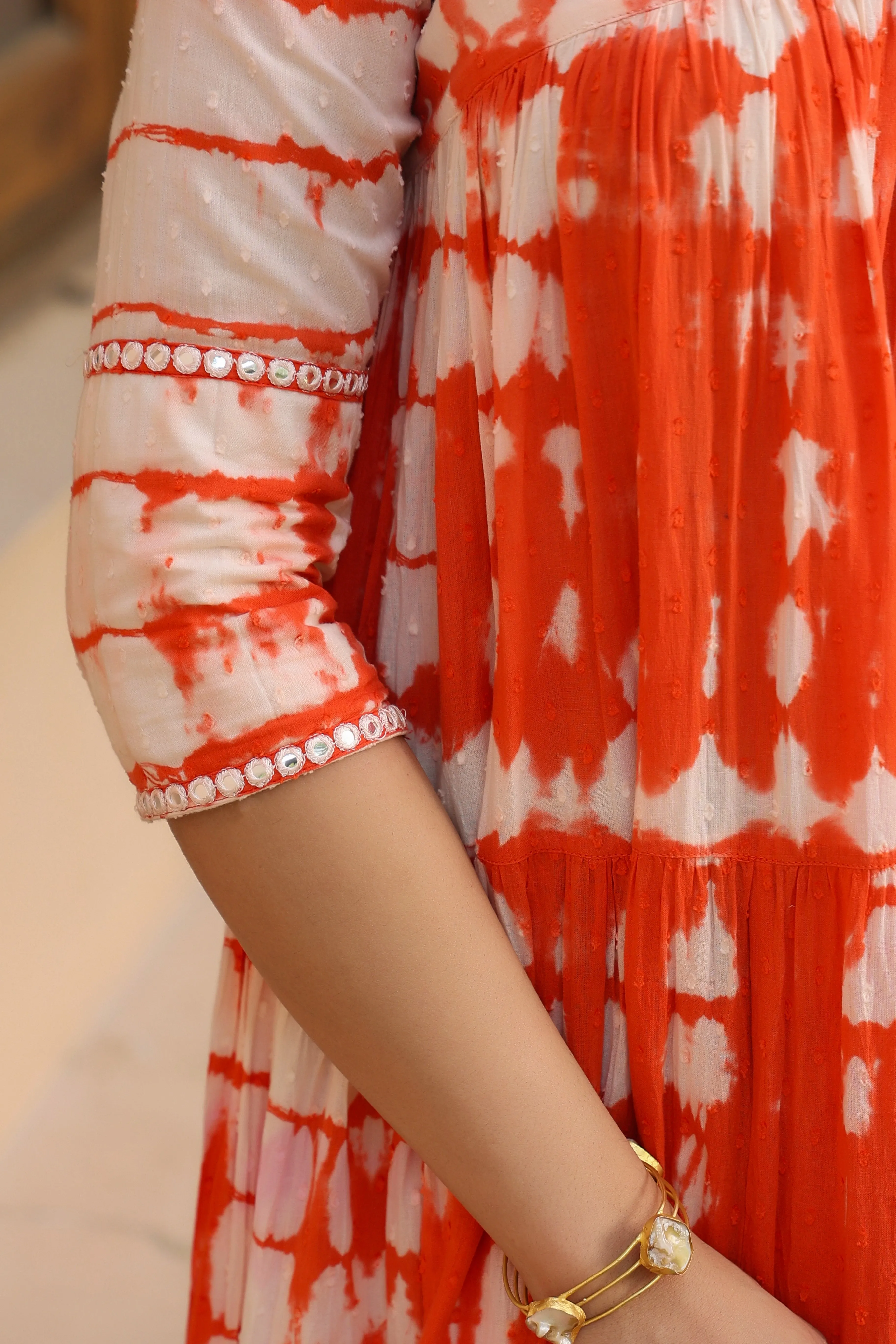 Orange Cotton Dobby Tie & Dye Tiered Designer Dress
