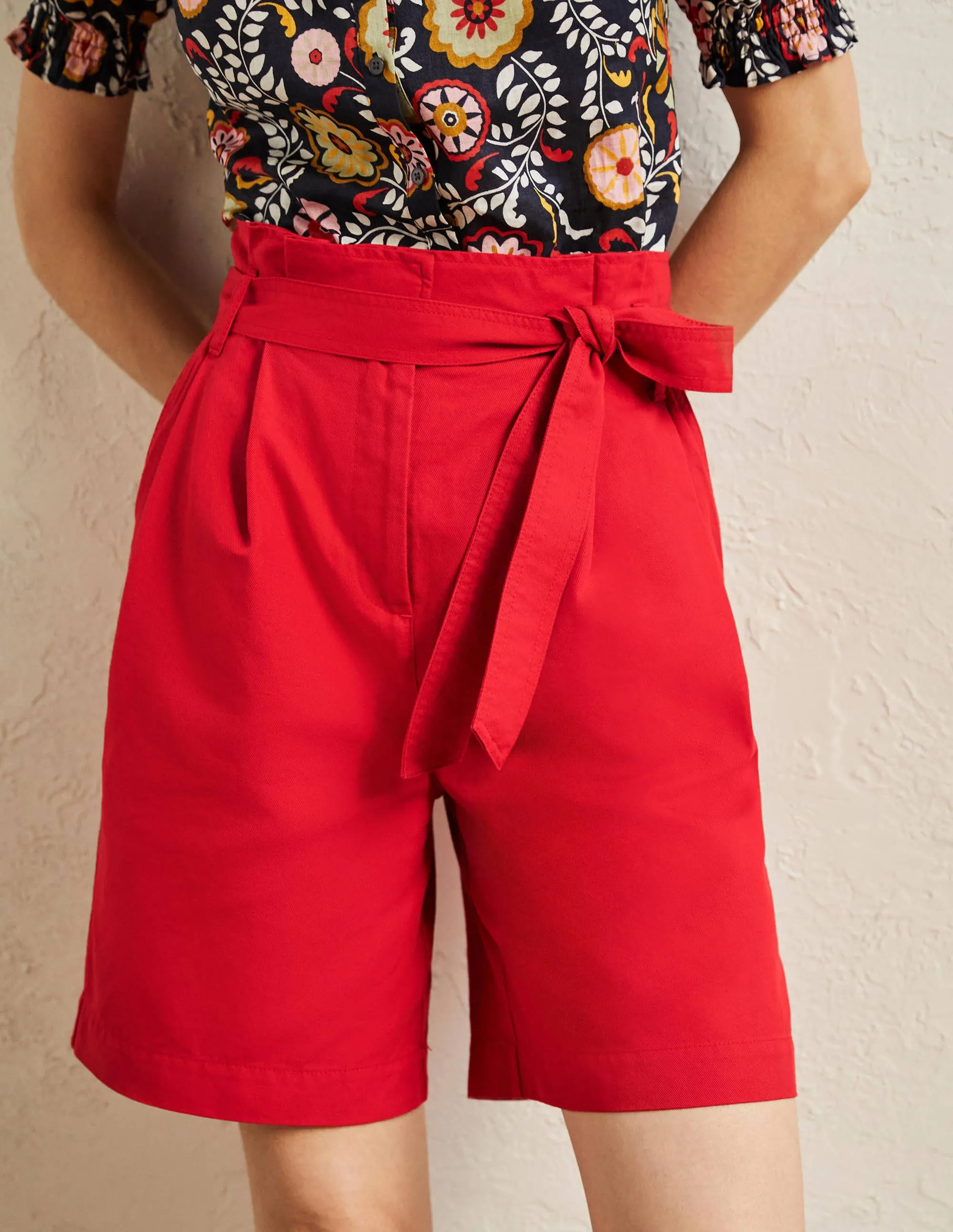 Paperbag High Waisted Shorts-Red