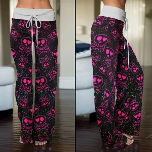 Pink Skull Love Pattern Women's High-waisted Wide Leg Pants