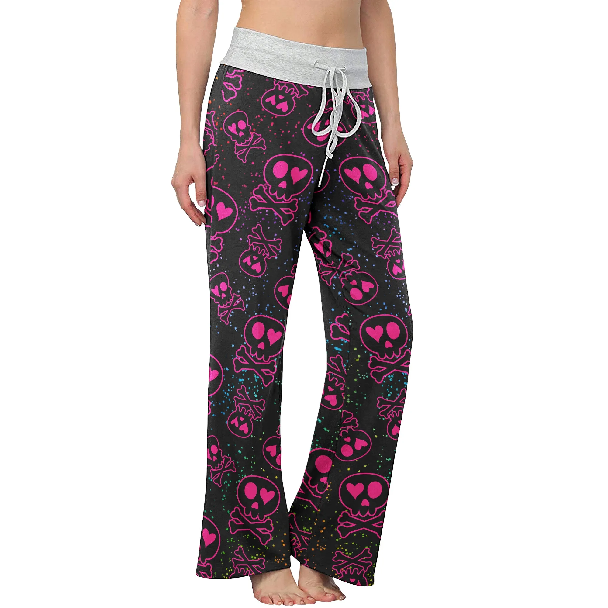Pink Skull Love Pattern Women's High-waisted Wide Leg Pants