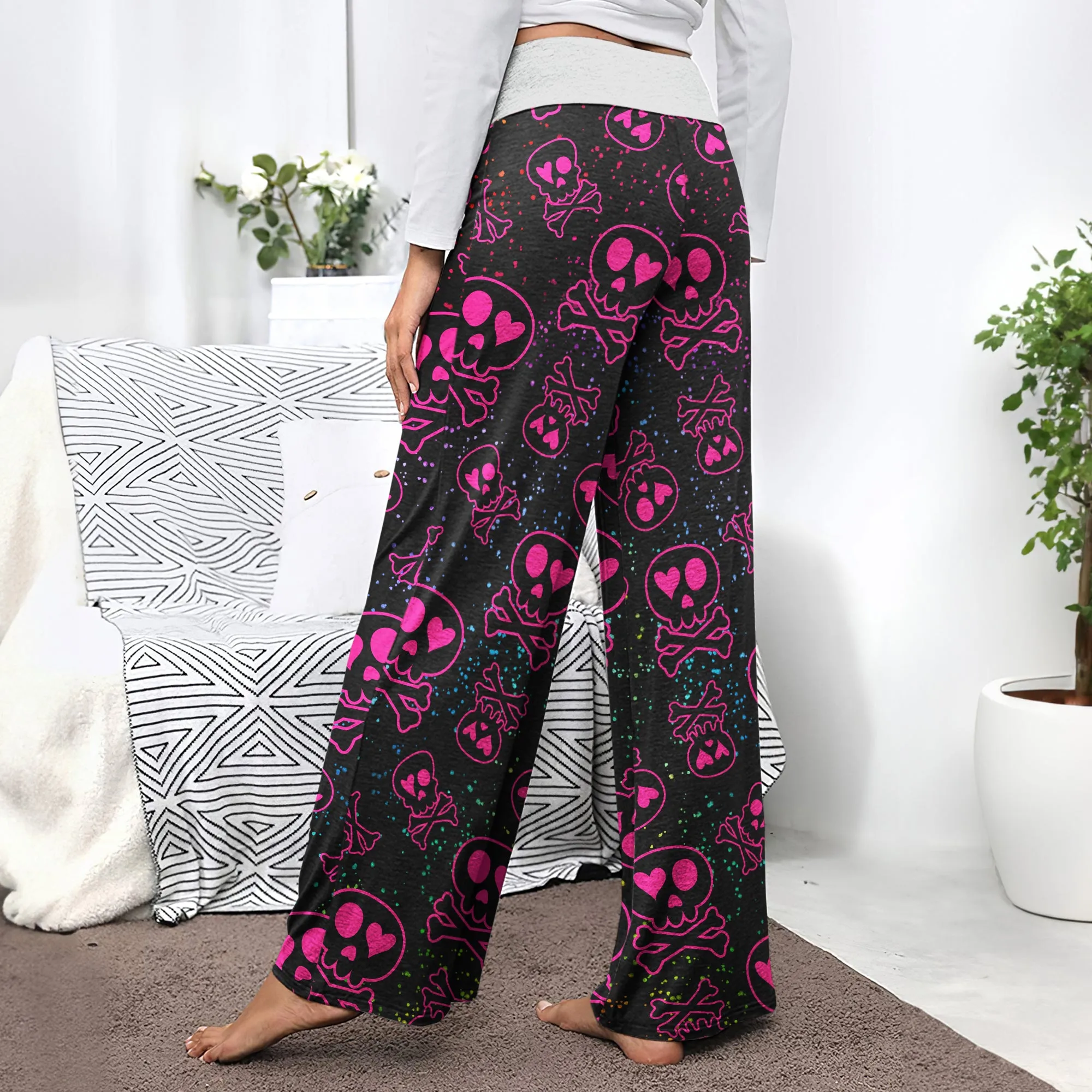Pink Skull Love Pattern Women's High-waisted Wide Leg Pants