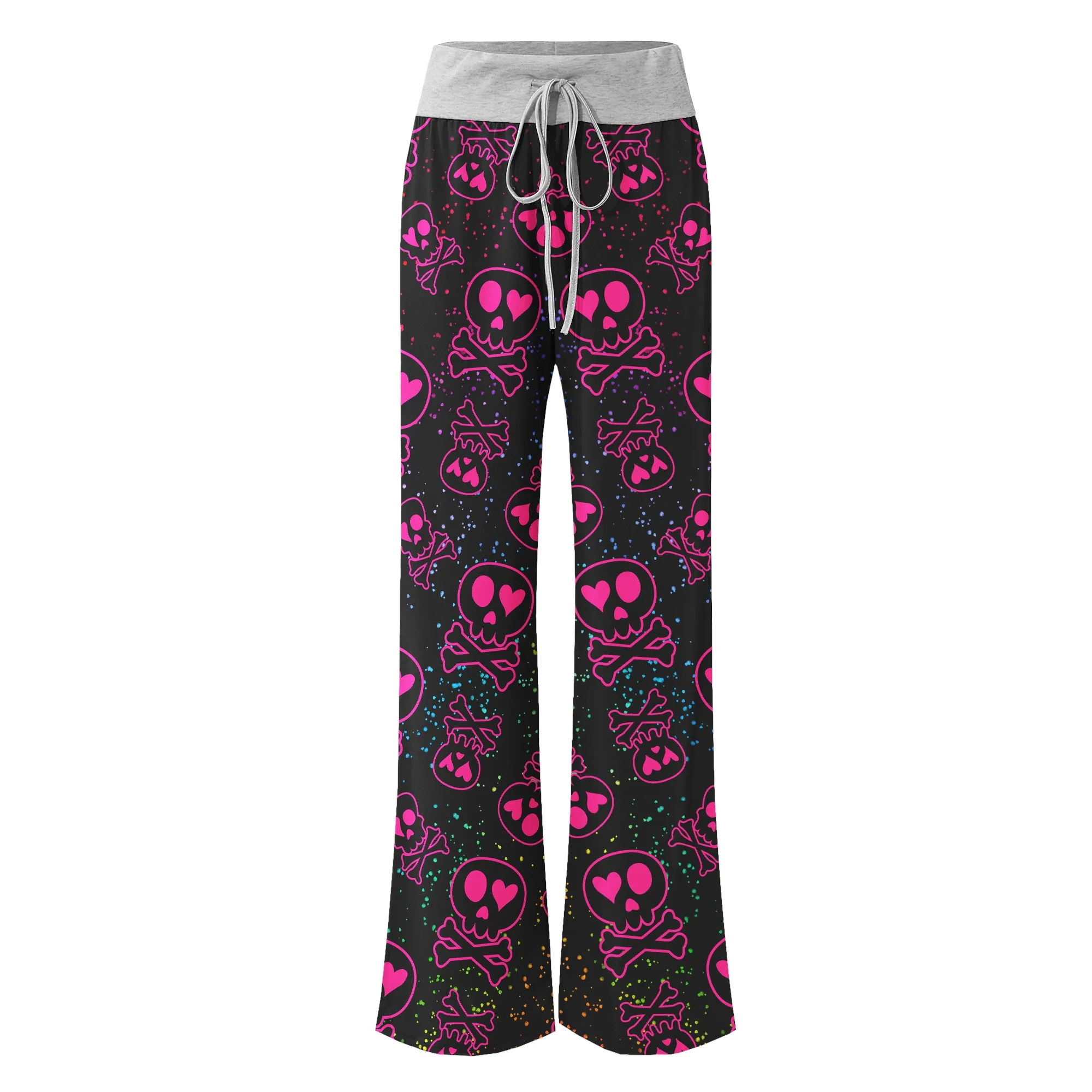 Pink Skull Love Pattern Women's High-waisted Wide Leg Pants