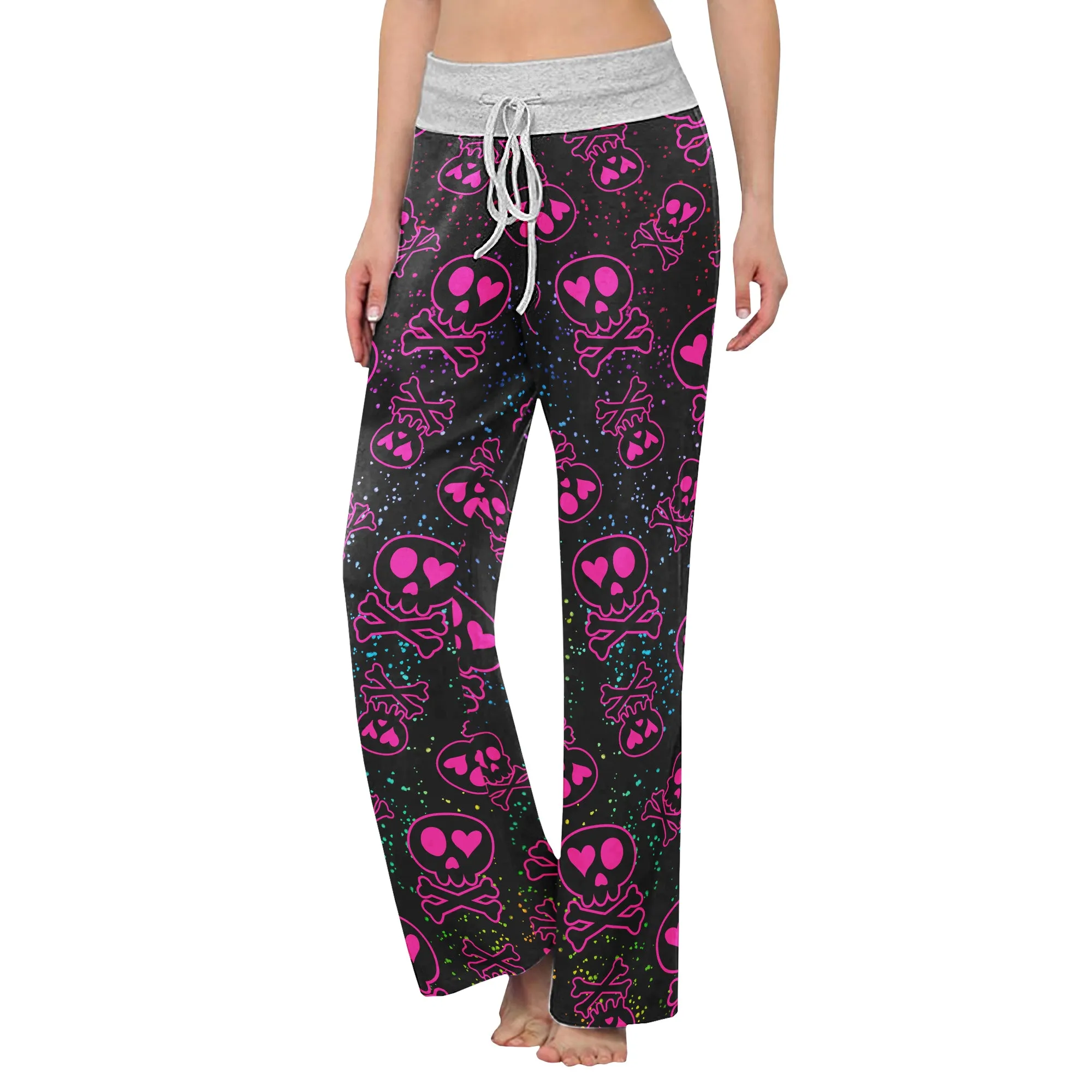 Pink Skull Love Pattern Women's High-waisted Wide Leg Pants