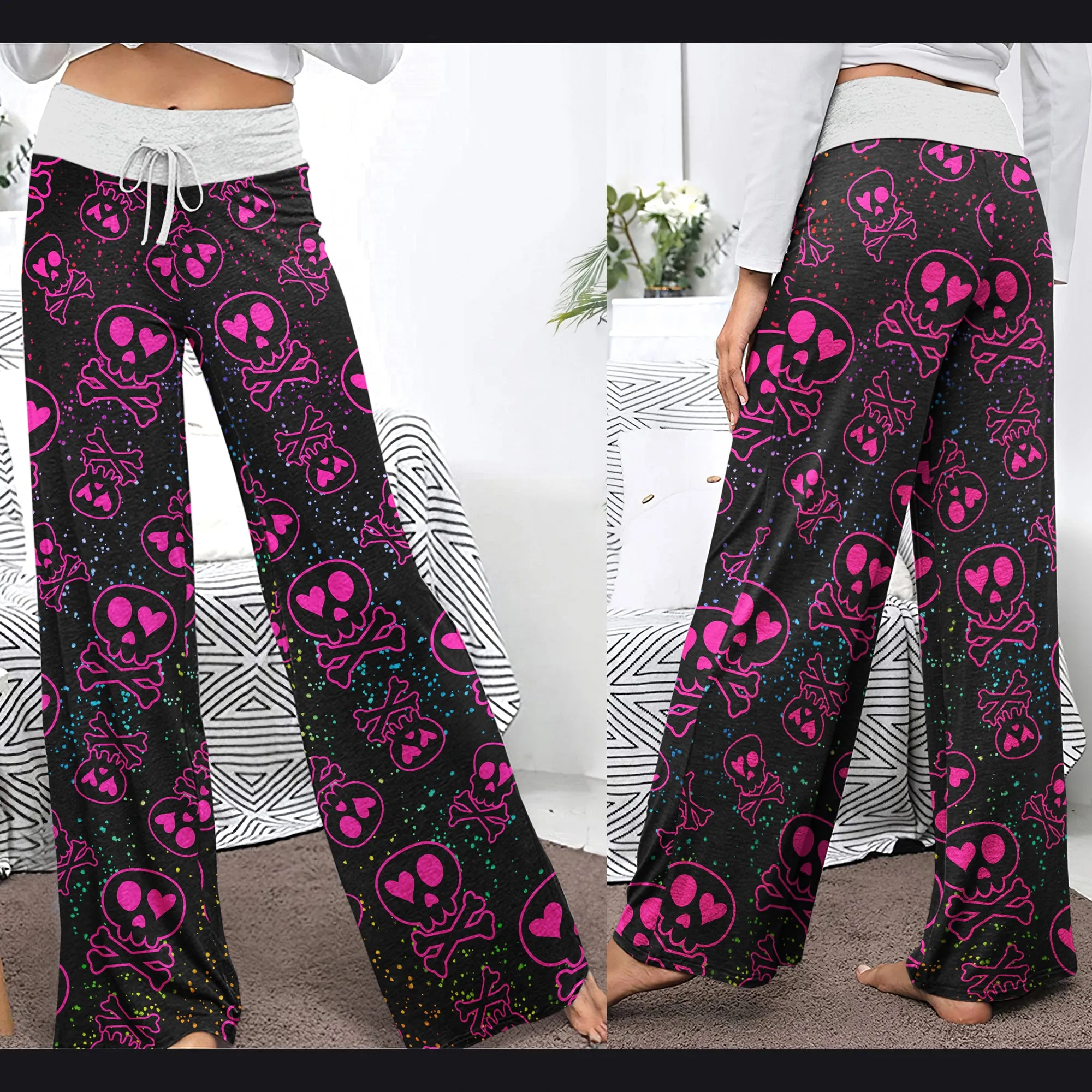 Pink Skull Love Pattern Women's High-waisted Wide Leg Pants