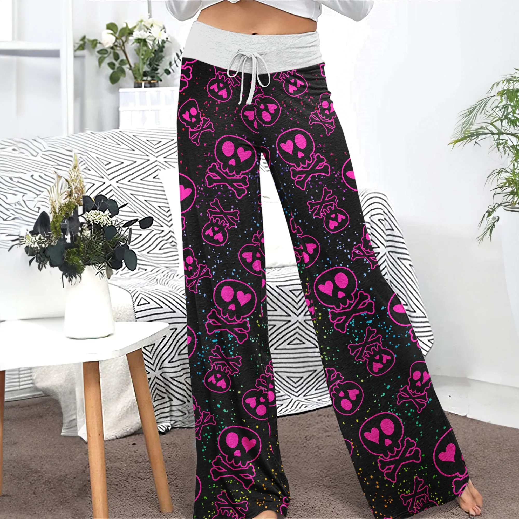 Pink Skull Love Pattern Women's High-waisted Wide Leg Pants
