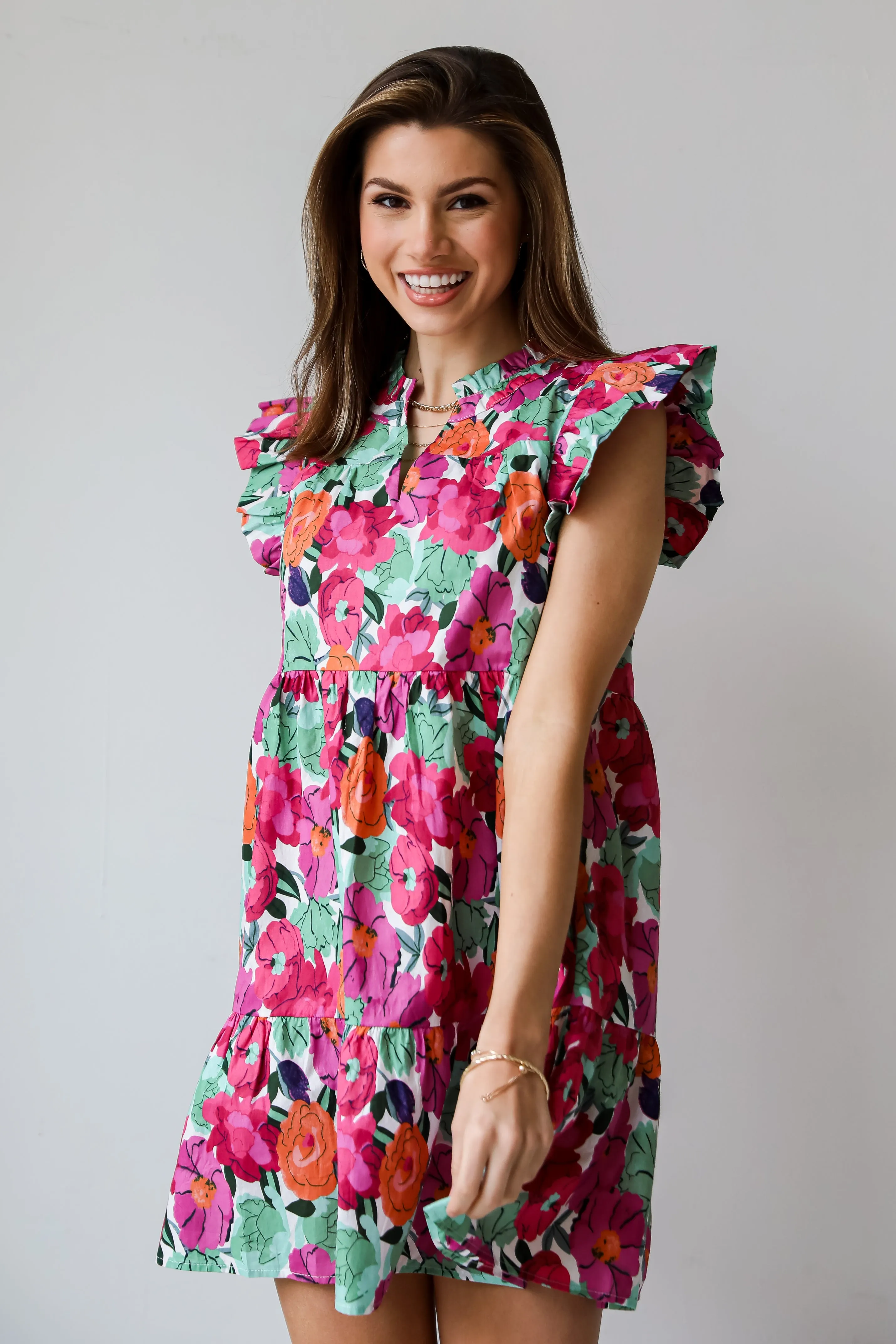 Precious Approach Fuchsia Floral Tiered Mini Dress