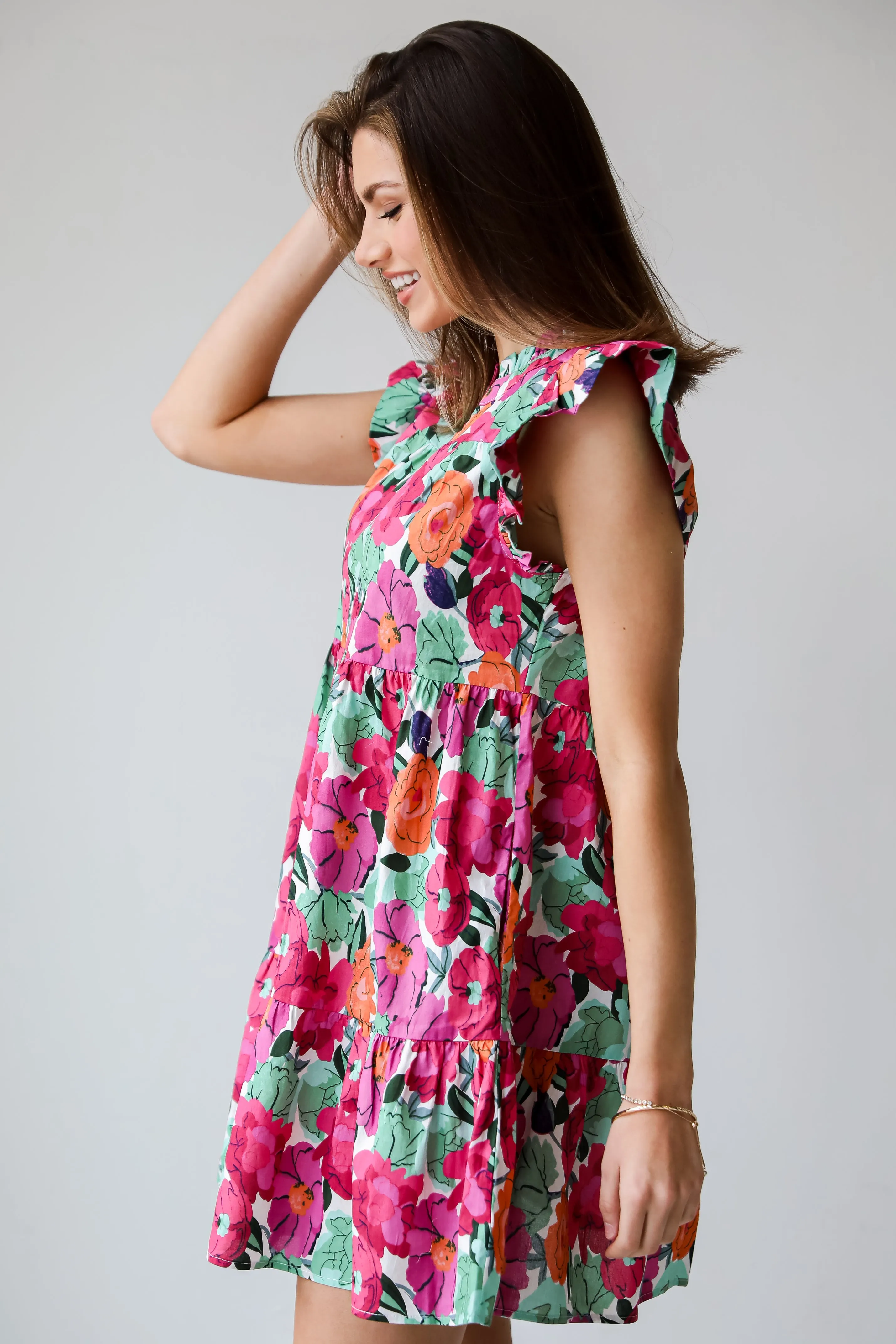 Precious Approach Fuchsia Floral Tiered Mini Dress