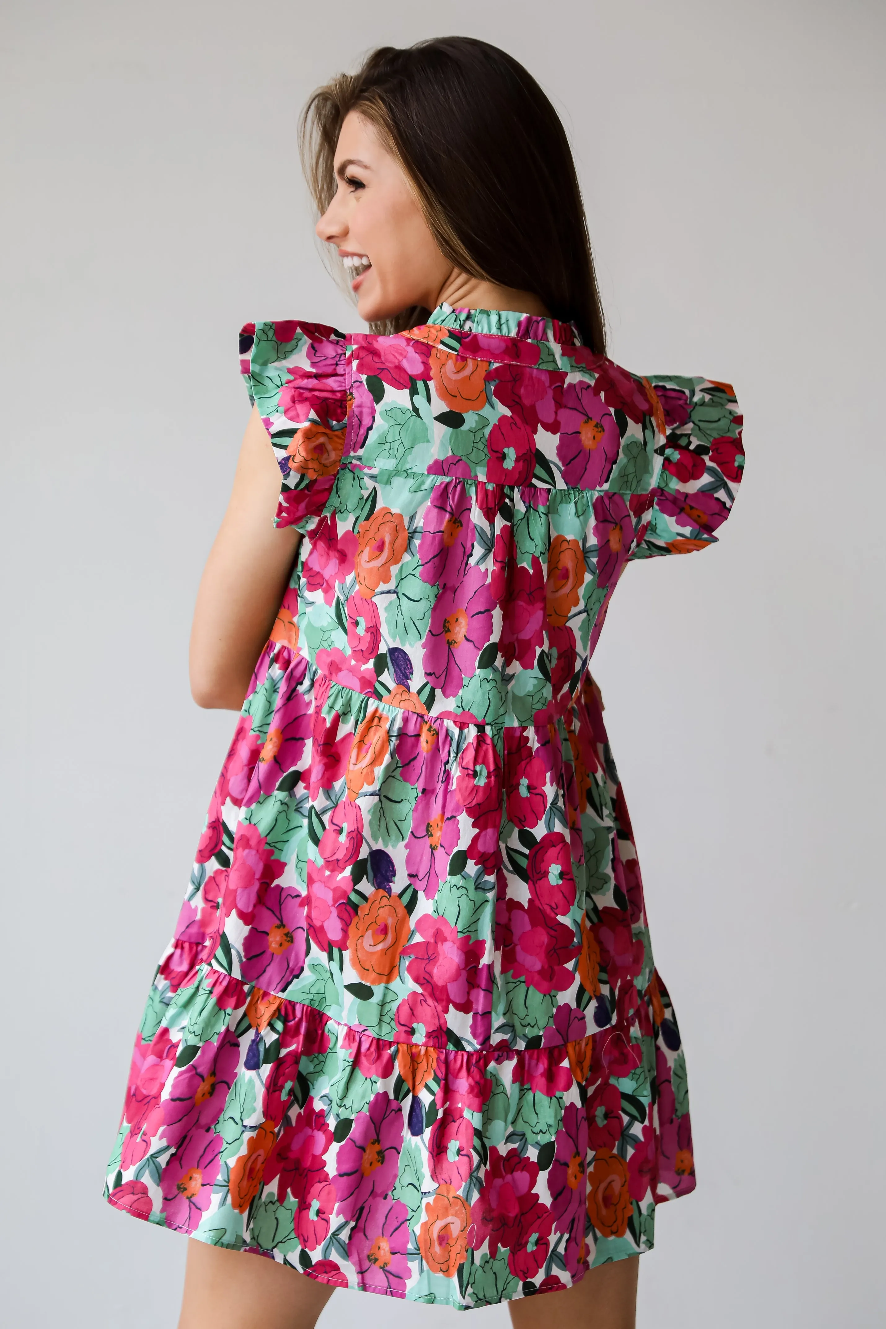 Precious Approach Fuchsia Floral Tiered Mini Dress