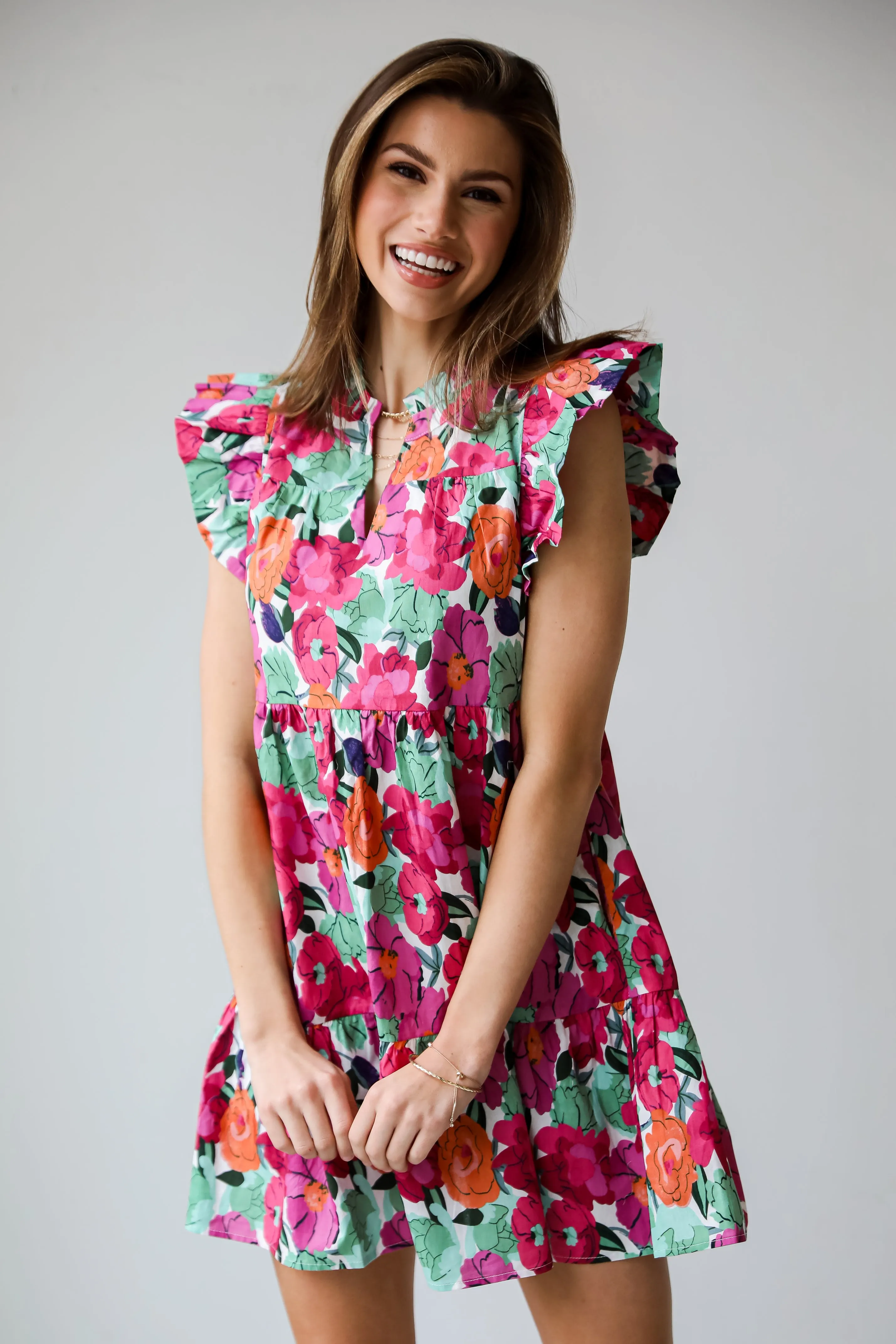 Precious Approach Fuchsia Floral Tiered Mini Dress