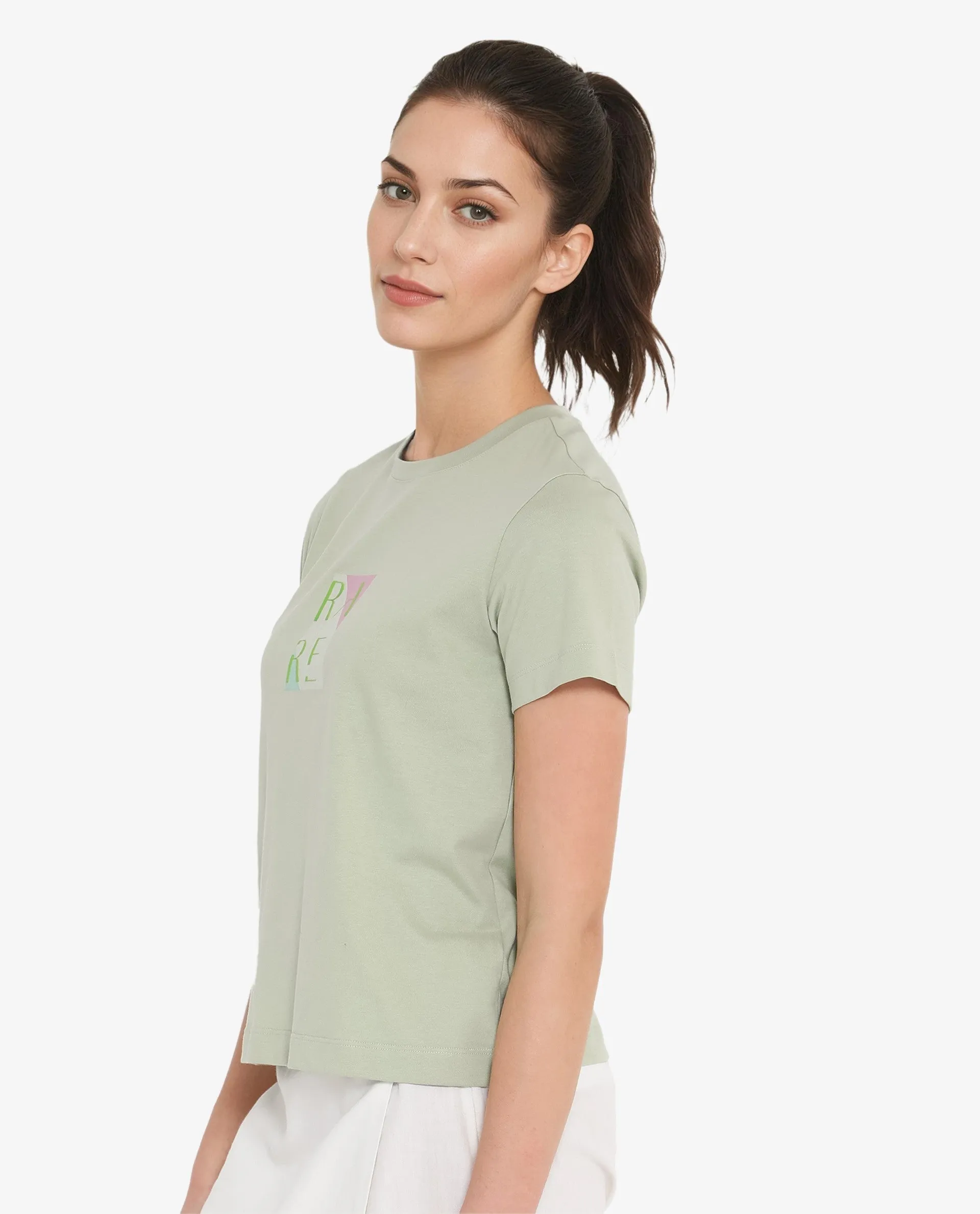 Rareism Women Hanna Pastel Green Cotton Poly Fabric Short Sleeve Crew Neck Solid T-Shirt