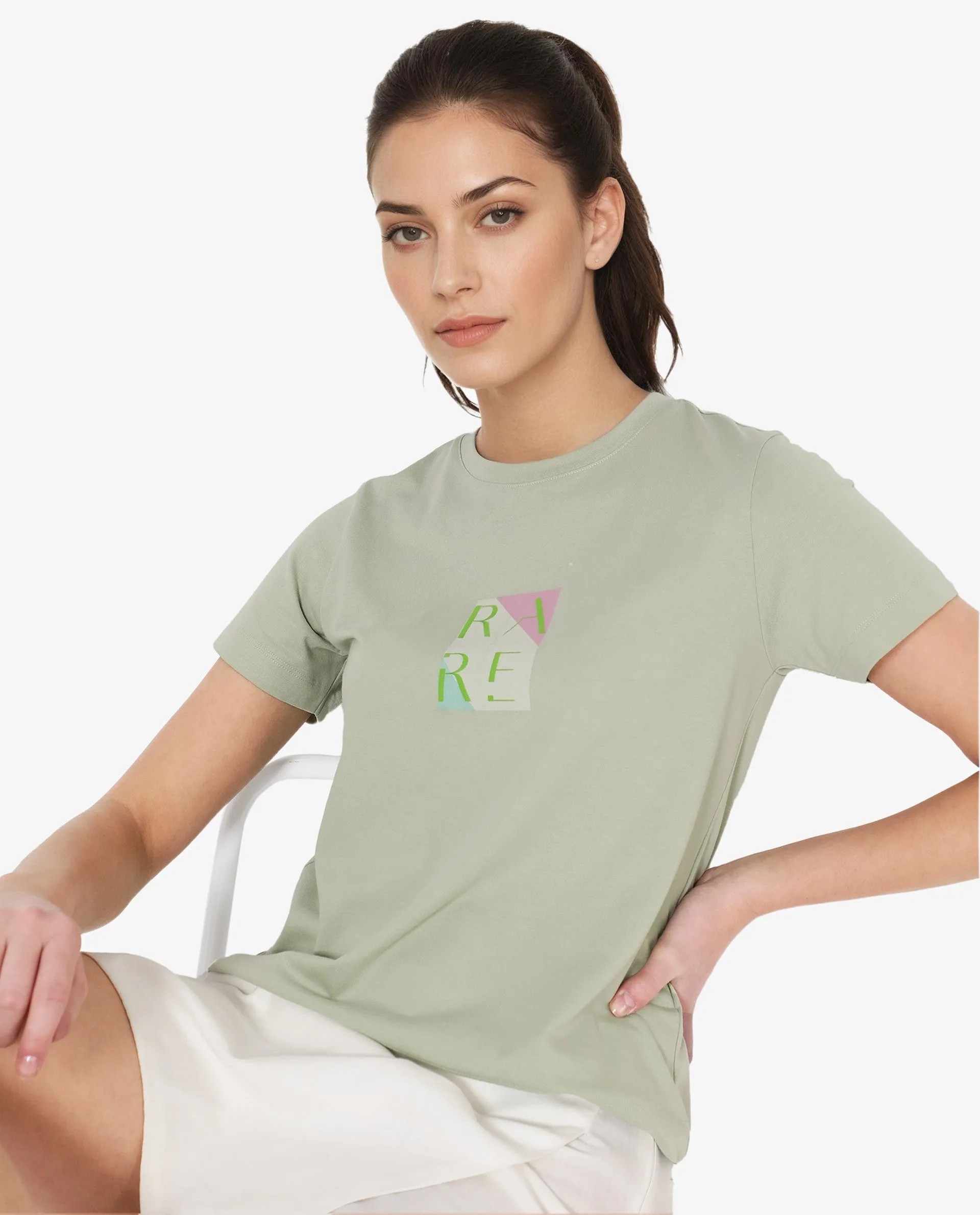 Rareism Women Hanna Pastel Green Cotton Poly Fabric Short Sleeve Crew Neck Solid T-Shirt