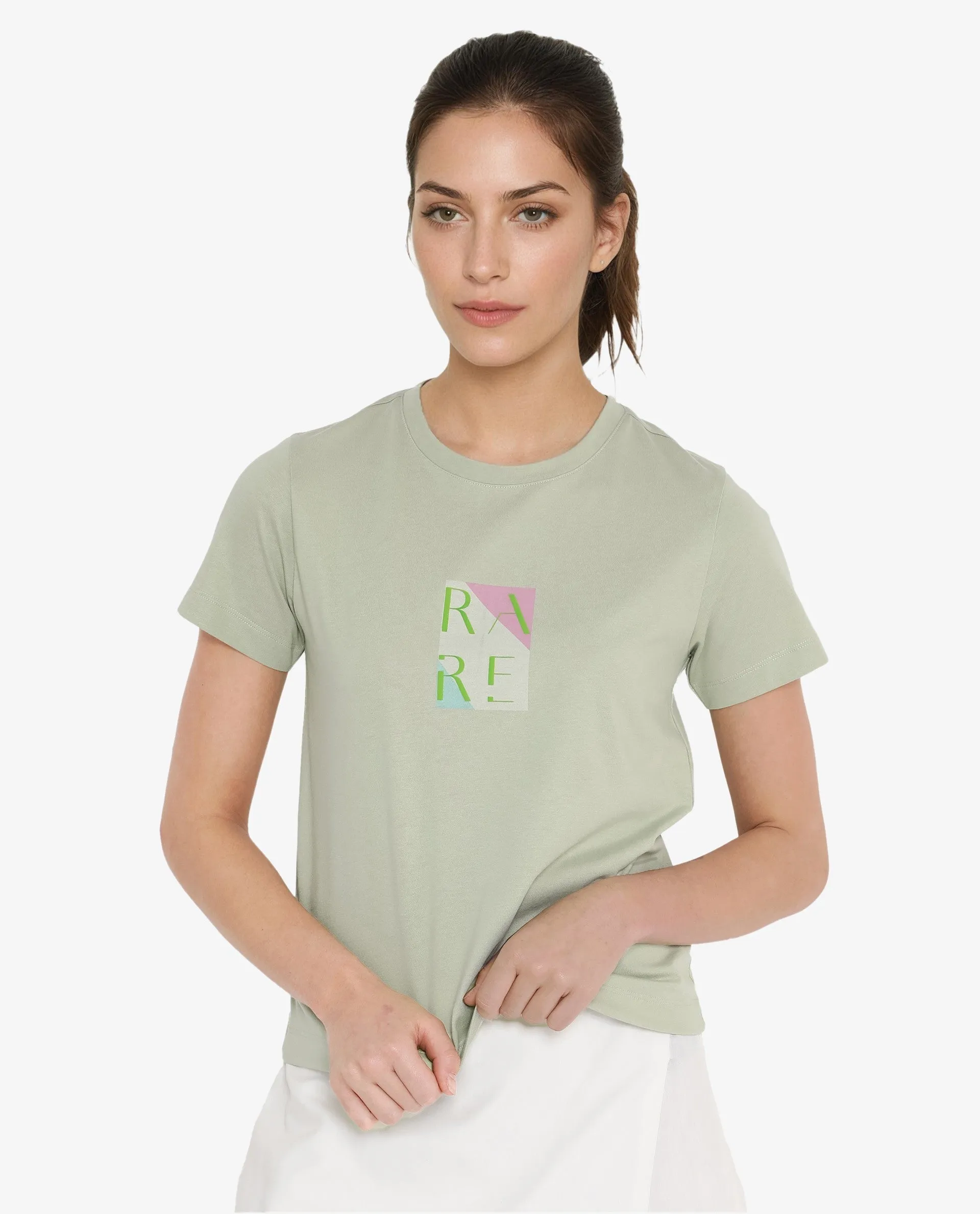Rareism Women Hanna Pastel Green Cotton Poly Fabric Short Sleeve Crew Neck Solid T-Shirt