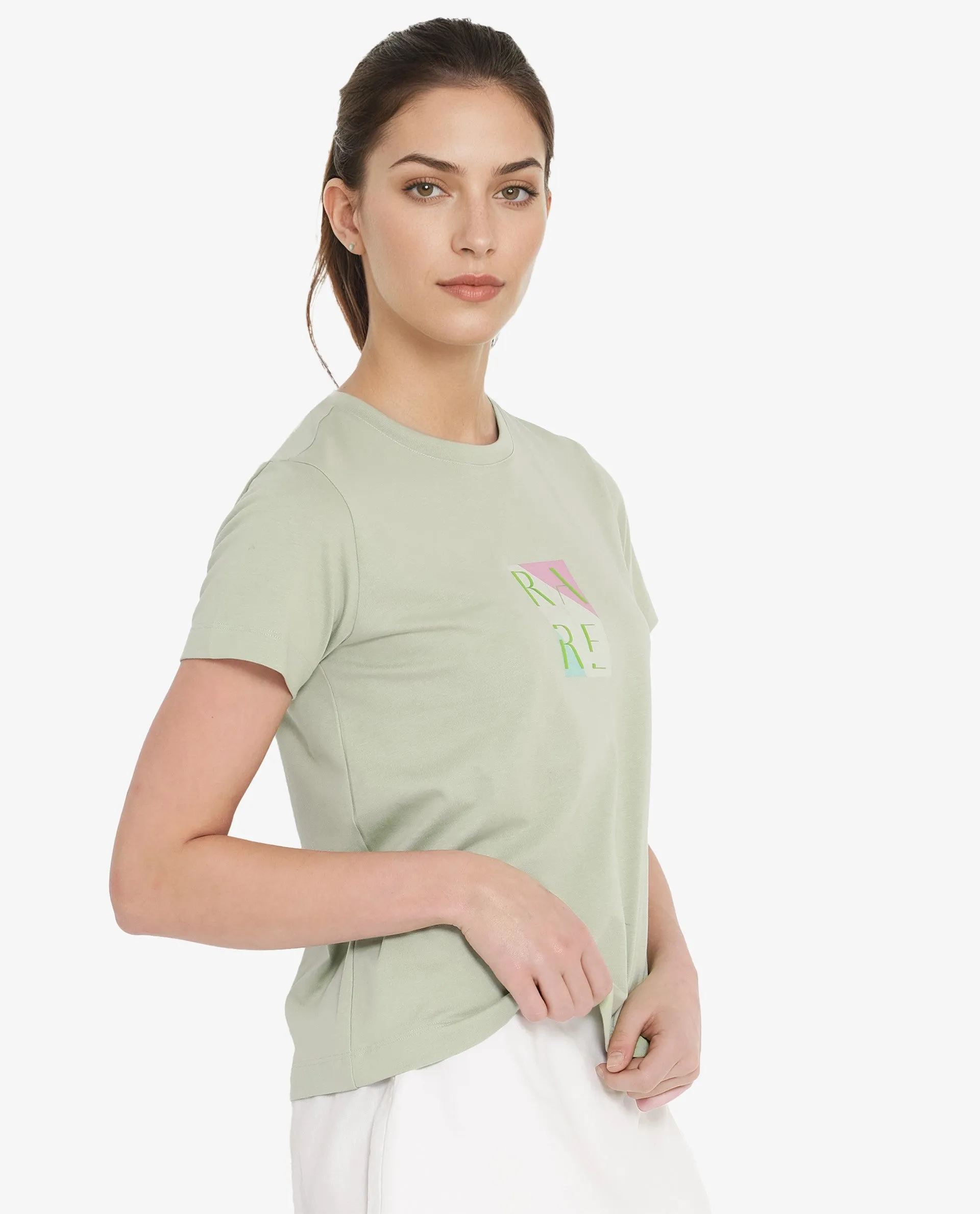 Rareism Women Hanna Pastel Green Cotton Poly Fabric Short Sleeve Crew Neck Solid T-Shirt