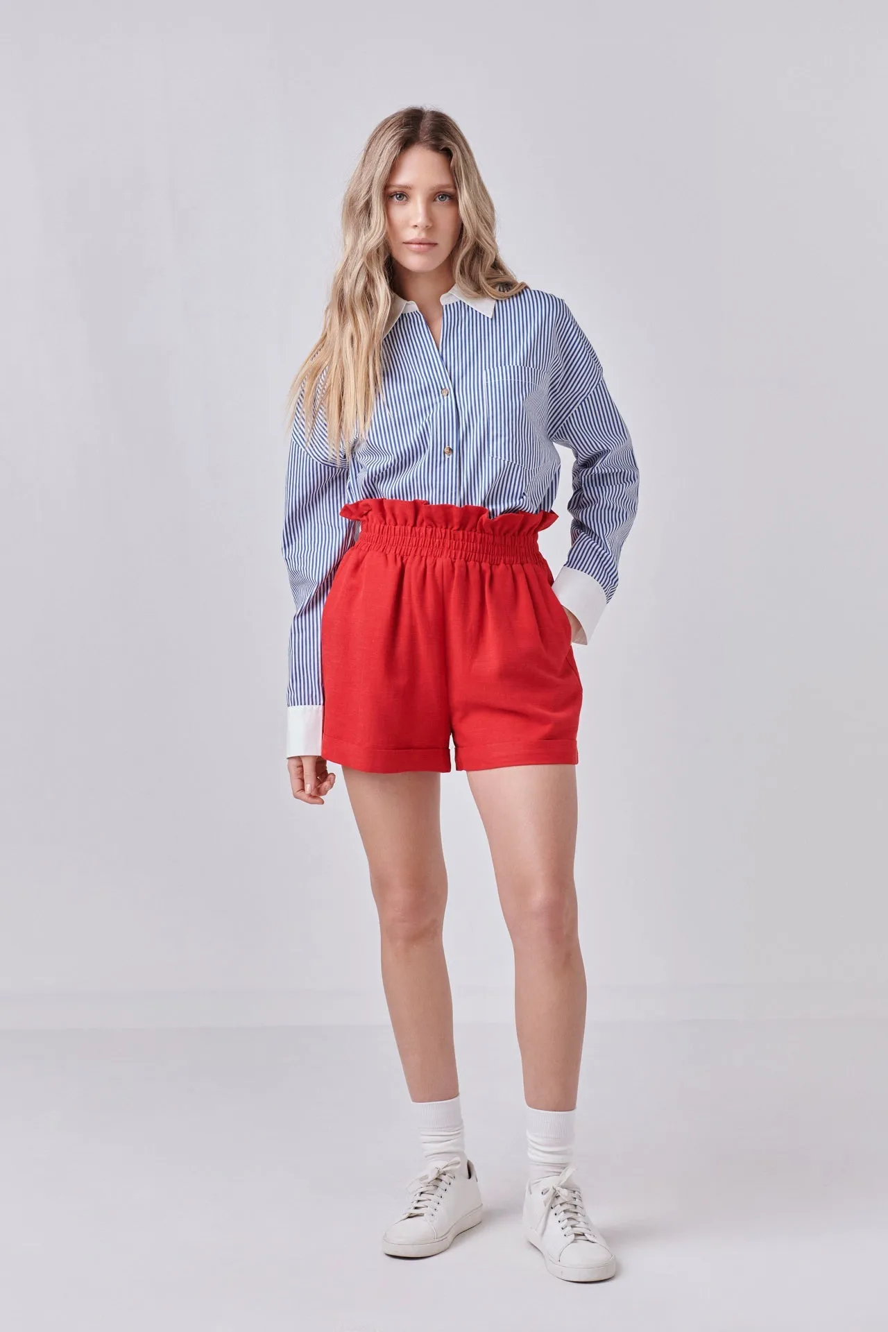 Red Linen Cuffed Shorts