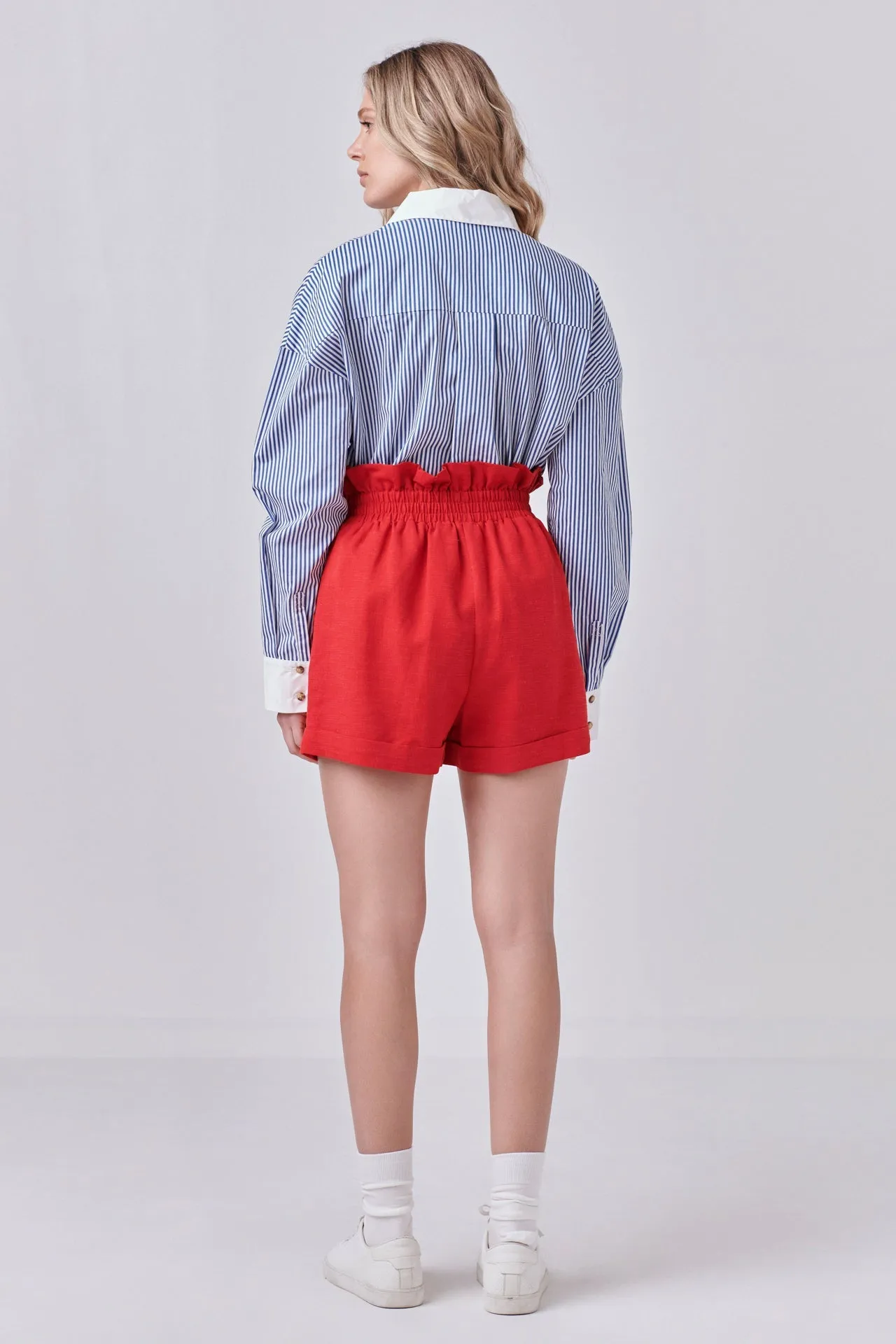 Red Linen Cuffed Shorts